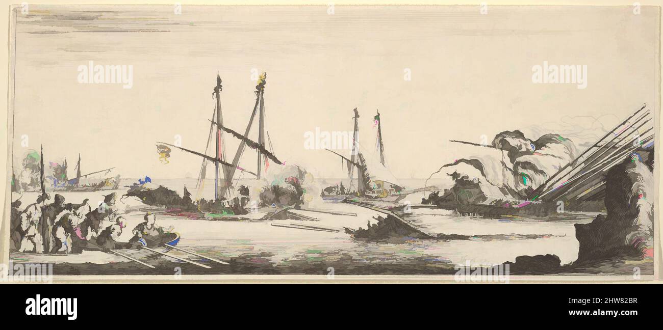 Art inspiré par Une bataille navale, un barque rempli d'hommes à gauche, un bateau en naufrage à droite, deux gallées se battant au centre, d'autres navires se battent à gauche en arrière-plan, de « divers paysages » (divers paysages), ca. 1641, Décapage, feuille : 3 1/8 x 7 1/2 po. (8 x 19 cm), Prints, Stefano, oeuvres classiques modernisées par Artotop avec une touche de modernité. Formes, couleur et valeur, impact visuel accrocheur sur l'art émotions par la liberté d'œuvres d'art d'une manière contemporaine. Un message intemporel qui cherche une nouvelle direction créative. Artistes qui se tournent vers le support numérique et créent le NFT Artotop Banque D'Images