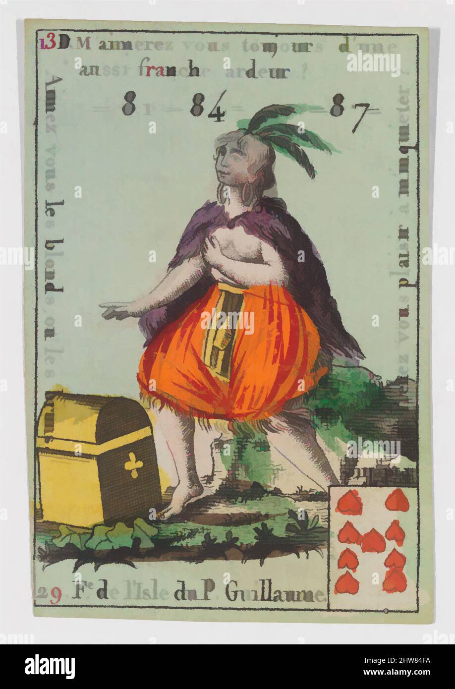 Art inspiré par la F.e de l'Isle du P. Guillaume de Playing Cards (pour les Quartets) 'costumes des cloches Étrangerss', 1700–1799, Etching et coloration à la main (aquarelle), 3 3/16 × 2 1/16 po. (8,1 × 5,3 cm), tirages anonymes, français, 18th siècle, Œuvres classiques modernisées par Artotop avec une touche de modernité. Formes, couleur et valeur, impact visuel accrocheur sur l'art émotions par la liberté d'œuvres d'art d'une manière contemporaine. Un message intemporel qui cherche une nouvelle direction créative. Artistes qui se tournent vers le support numérique et créent le NFT Artotop Banque D'Images