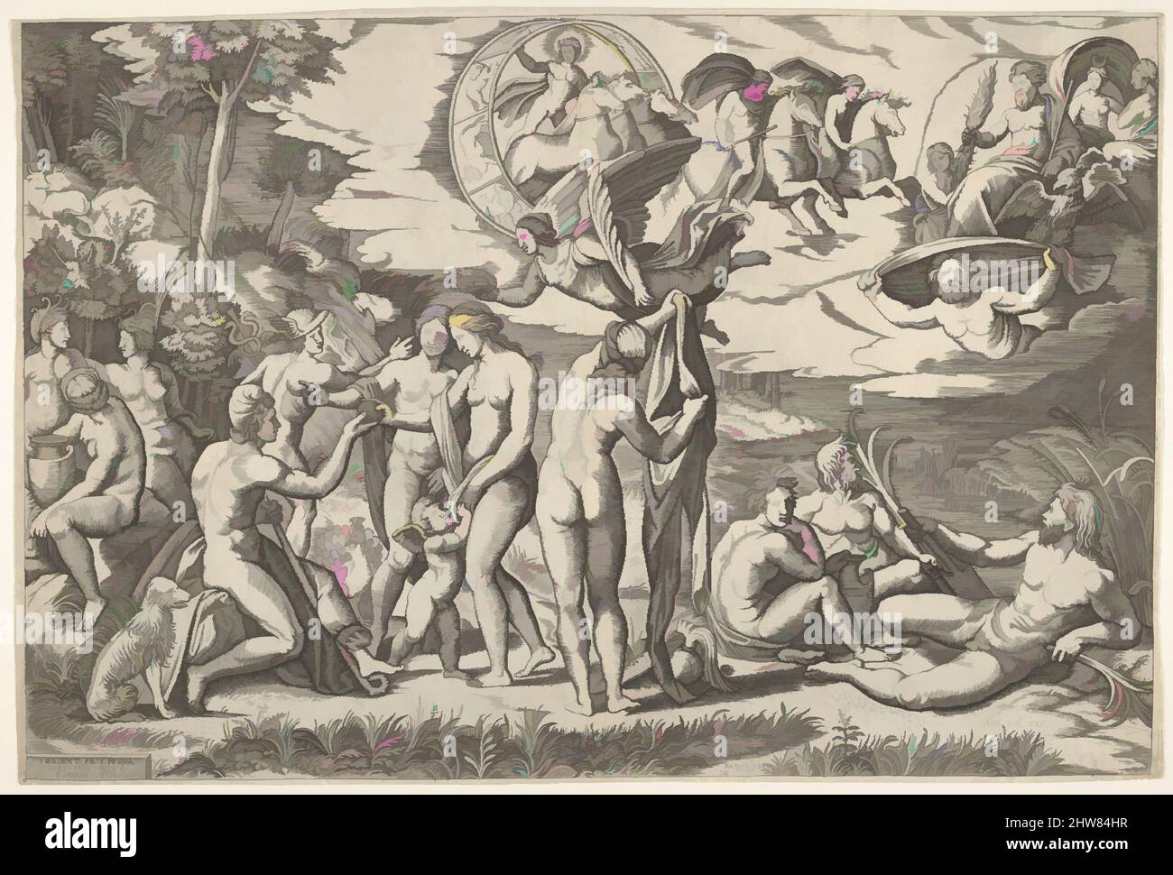 Art inspiré par le jugement de Paris : Paris étend sa main vers Vénus, qui se situe entre Juno et Minerva, entourée de figures couchées et assises; Ci-dessus se trouvent une figure ailées portant une couronne de Laurier, un char volant de quatre chevaux, Castor et Pollux, et Jupiter accompagné de, œuvres classiques modernisées par Artotop avec une touche de modernité. Formes, couleur et valeur, impact visuel accrocheur sur l'art émotions par la liberté d'œuvres d'art d'une manière contemporaine. Un message intemporel qui cherche une nouvelle direction créative. Artistes qui se tournent vers le support numérique et créent le NFT Artotop Banque D'Images