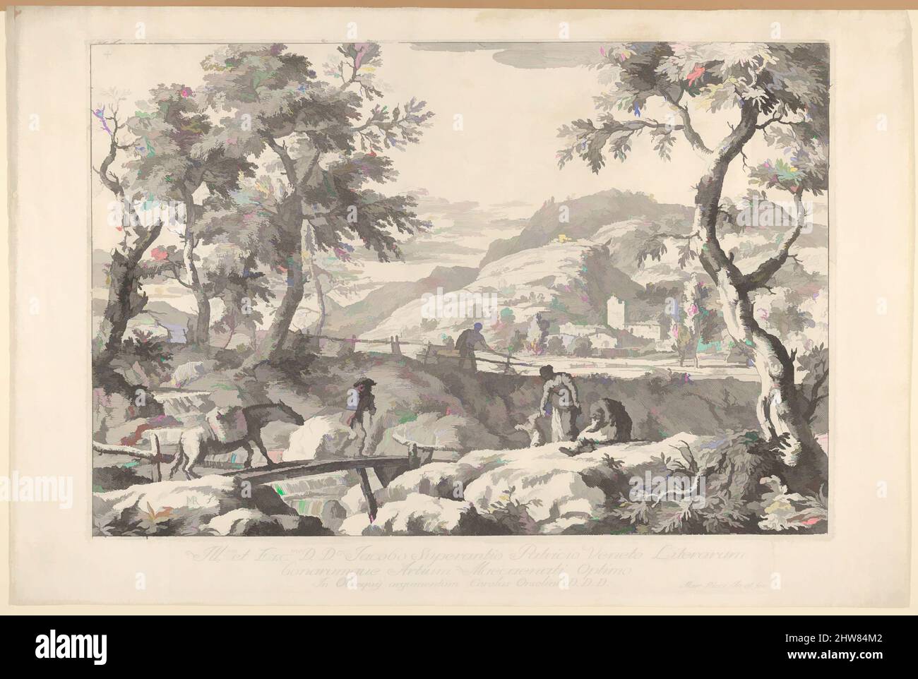 Art inspiré par le paysage avec un homme qui mène un cheval de meute à travers un pont en bois, trois figures en premier plan droit, la silhouette d'un homme debout à une clôture au-delà, de la série 'Landscapes', 1723–30, Etching, feuille: 13 11/16 x 20 1/2 po. (34,8 x 52,1 cm), Prints, Marco Ricci (, œuvres classiques modernisées par Artotop avec une touche de modernité. Formes, couleur et valeur, impact visuel accrocheur sur l'art émotions par la liberté d'œuvres d'art d'une manière contemporaine. Un message intemporel qui cherche une nouvelle direction créative. Artistes qui se tournent vers le support numérique et créent le NFT Artotop Banque D'Images