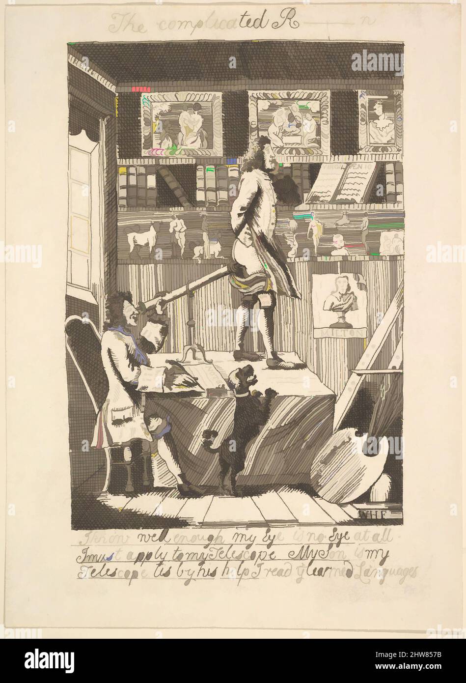 Art inspiré par le R      compliqué n, 1794 (?), Décapage, feuille : 8 1/16 x 5 7/8 po. (20,4 x 14,9 cm), Prints, probablement gravé par Richard Livesay (britannique, 1753–1823 Southsea), après William Hogarth (britannique, Londres 1697–1764 Londres), Un homme regarde à travers un télescope les œuvres classiques modernisées par Artotop avec un peu de modernité. Formes, couleur et valeur, impact visuel accrocheur sur l'art émotions par la liberté d'œuvres d'art d'une manière contemporaine. Un message intemporel qui cherche une nouvelle direction créative. Artistes qui se tournent vers le support numérique et créent le NFT Artotop Banque D'Images