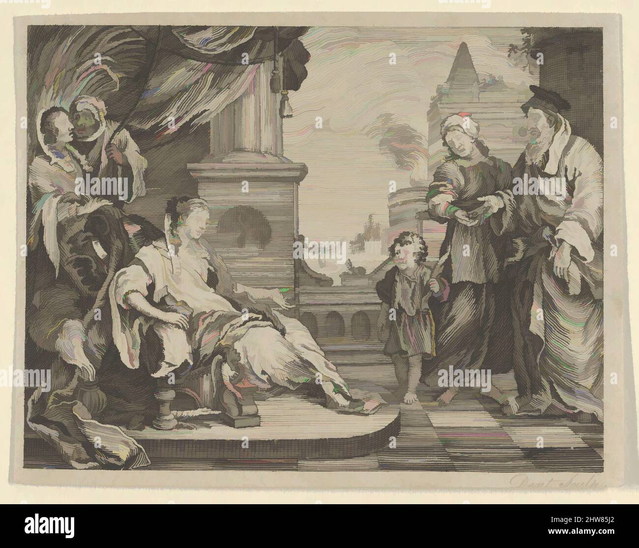 Art inspiré par Moïse apporté à la fille de Pharoah, ca. 1800, gravure, feuille : 2 9/16 x 3 1/4 po. (6,5 x 8,3 cm), Prints, d'après William Hogarth (britannique, Londres 1697–1764 Londres, les œuvres classiques modernisées par Artotop avec une touche de modernité. Formes, couleur et valeur, impact visuel accrocheur sur l'art émotions par la liberté d'œuvres d'art d'une manière contemporaine. Un message intemporel qui cherche une nouvelle direction créative. Artistes qui se tournent vers le support numérique et créent le NFT Artotop Banque D'Images