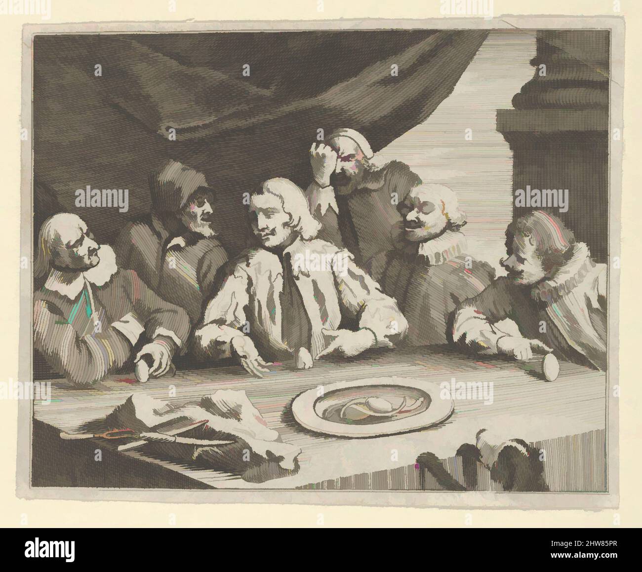 Art inspiré par Columbus Breaking the Egg, env. 1800, gravure, feuille : 2 11/16 x 3 5/16 po. (6,8 x 8,4 cm), Prints, d'après William Hogarth (britannique, Londres 1697–1764 Londres, les œuvres classiques modernisées par Artotop avec une touche de modernité. Formes, couleur et valeur, impact visuel accrocheur sur l'art émotions par la liberté d'œuvres d'art d'une manière contemporaine. Un message intemporel qui cherche une nouvelle direction créative. Artistes qui se tournent vers le support numérique et créent le NFT Artotop Banque D'Images