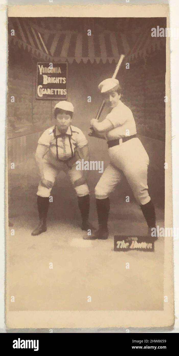 Art inspiré par la batte, de la série de joueurs de baseball pour filles (N48, Type 2) pour les cigarettes Virginia Brides, 1886, photographie d'albumine, feuille: 2 3/4 x 1 3/8 po. (7 x 3,5 cm), cartes professionnelles de la série « Girl Baseball Players » (N48), émises en 1886 par Allen & Ginter pour promouvoir, œuvres classiques modernisées par Artotop avec une touche de modernité. Formes, couleur et valeur, impact visuel accrocheur sur l'art émotions par la liberté d'œuvres d'art d'une manière contemporaine. Un message intemporel qui cherche une nouvelle direction créative. Artistes qui se tournent vers le support numérique et créent le NFT Artotop Banque D'Images