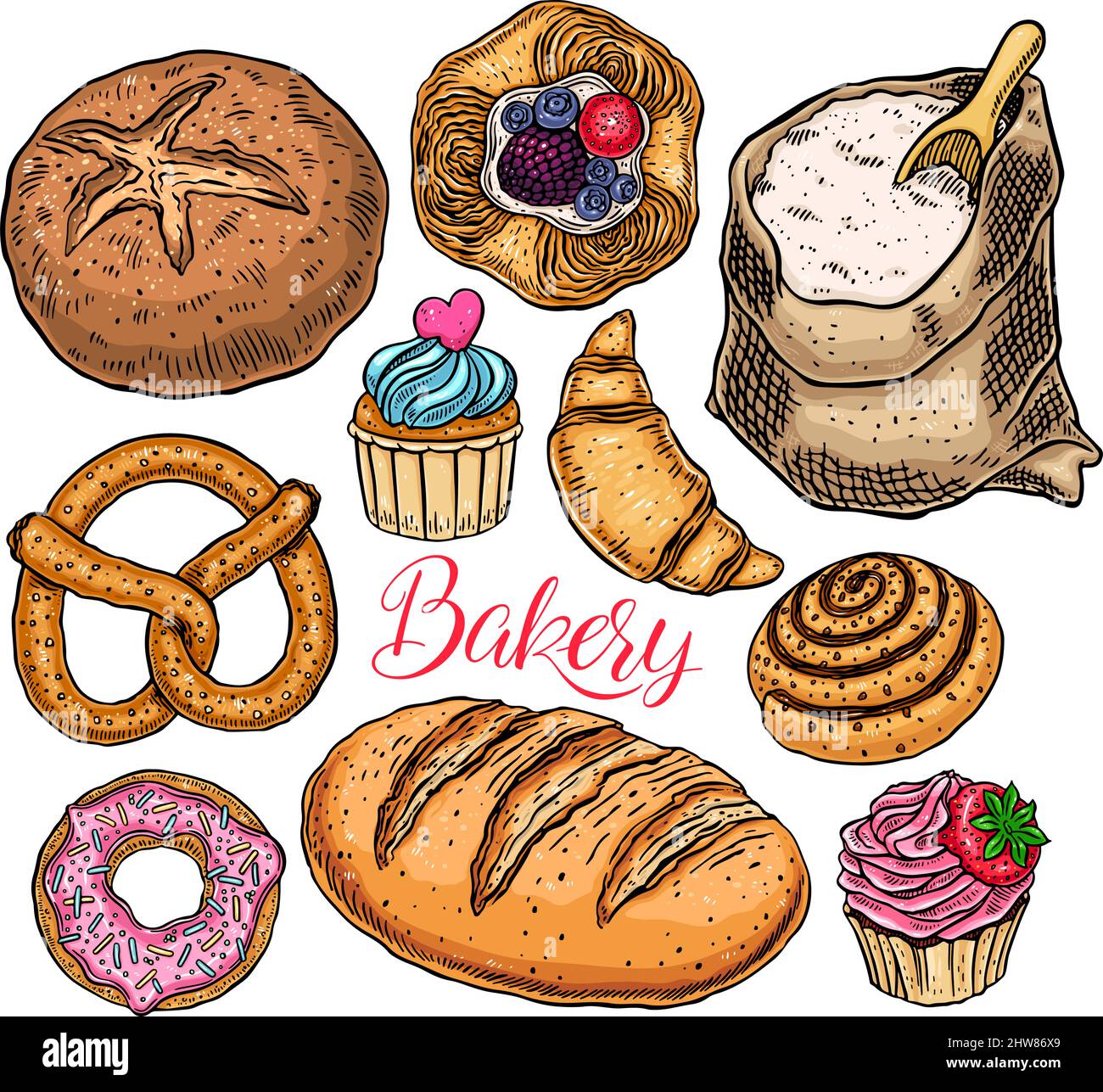 magnifique ensemble de produits de boulangerie. illustration dessinée à la main Illustration de Vecteur