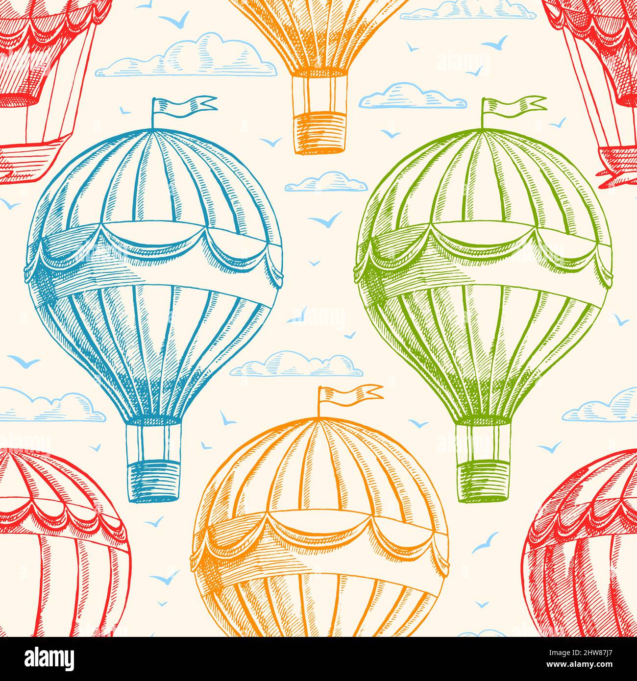 Arrière-plan vintage sans couture avec ballons volant dans le ciel, nuages et oiseaux Illustration de Vecteur