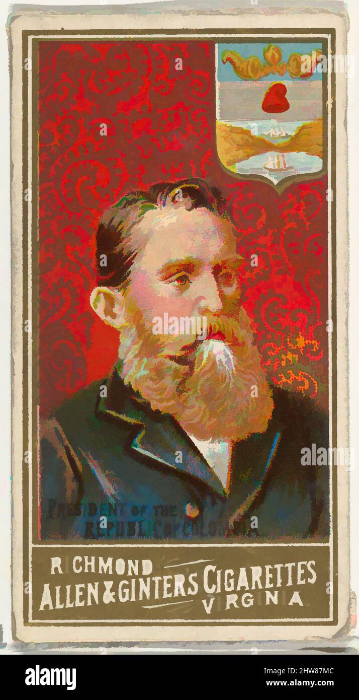 Art inspiré par le Président de la République de Colombie, de la série des souverains du monde (N34) pour les cigarettes Allen & Ginter, 1889, lithographie couleur commerciale, feuille : 2 3/4 x 1 1/2 po. (7 x 3,8 cm), cartes professionnelles de la série "les souverains du monde" (N34), émises en 1889 dans un ensemble de 50, œuvres classiques modernisées par Artotop avec un peu de modernité. Formes, couleur et valeur, impact visuel accrocheur sur l'art émotions par la liberté d'œuvres d'art d'une manière contemporaine. Un message intemporel qui cherche une nouvelle direction créative. Artistes qui se tournent vers le support numérique et créent le NFT Artotop Banque D'Images