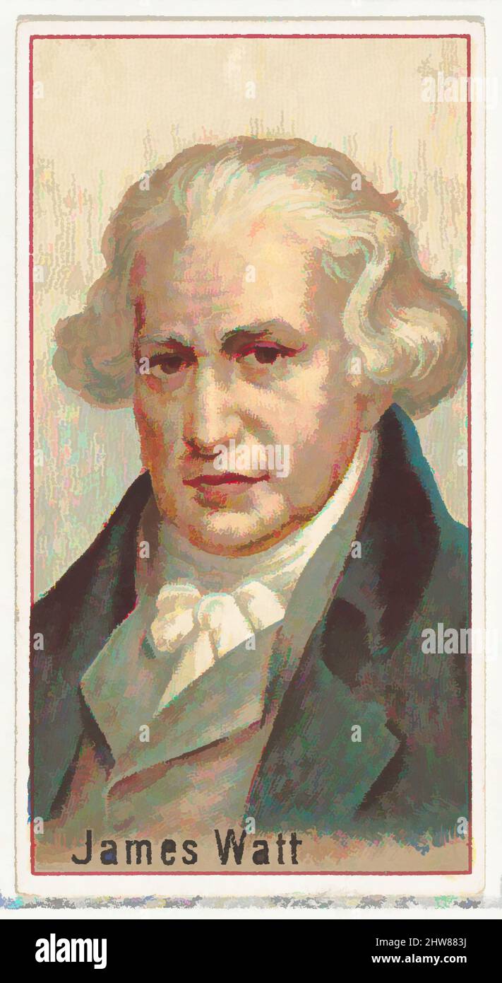 Art inspiré par James Watt, échantillon de l'imprimeur pour l'album souvenir The World's Inventors (A25) pour Allen & Ginter cigarettes, 1888, lithographie couleur commerciale, feuille : 2 3/4 x 1 1/2 po. (7 x 3,8 cm), les échantillons de l'imprimeur pour l'album de collectionneur 'World's Inventors' (A25), publié en 1888 à, les œuvres classiques modernisées par Artotop avec un peu de modernité. Formes, couleur et valeur, impact visuel accrocheur sur l'art émotions par la liberté d'œuvres d'art d'une manière contemporaine. Un message intemporel qui cherche une nouvelle direction créative. Artistes qui se tournent vers le support numérique et créent le NFT Artotop Banque D'Images