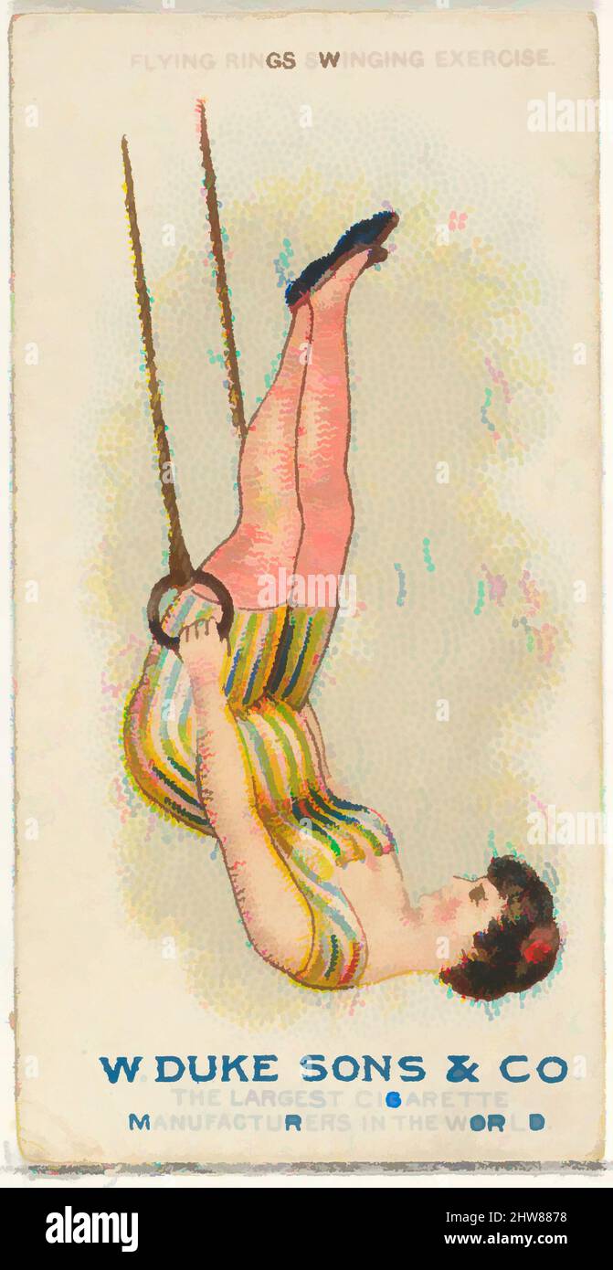 Art inspiré par l'exercice d'oscillation des anneaux de vol, de la série d'exercices de gymnastique (N77) pour les cigarettes de marque Duke, 1887, lithographie couleur commerciale, feuille: 2 3/4 x 1 1/2 po. (7 x 3,8 cm), cartes de crédit de la série 'exercices de gymnastique' (N77), émises dans un ensemble de 25 cartes en 1887 à, oeuvres classiques modernisées par Artotop avec un peu de modernité. Formes, couleur et valeur, impact visuel accrocheur sur l'art émotions par la liberté d'œuvres d'art d'une manière contemporaine. Un message intemporel qui cherche une nouvelle direction créative. Artistes qui se tournent vers le support numérique et créent le NFT Artotop Banque D'Images