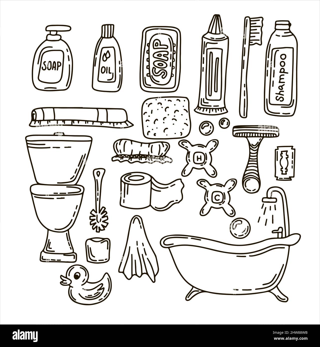 Illustration vectorielle pour baignoire. Kit de dessin à la main  d'accessoires d'hygiène de salle de bains maison. Croquis des icônes pour  les hôtels, les magasins de plomberie et de cosmétiques Image Vectorielle