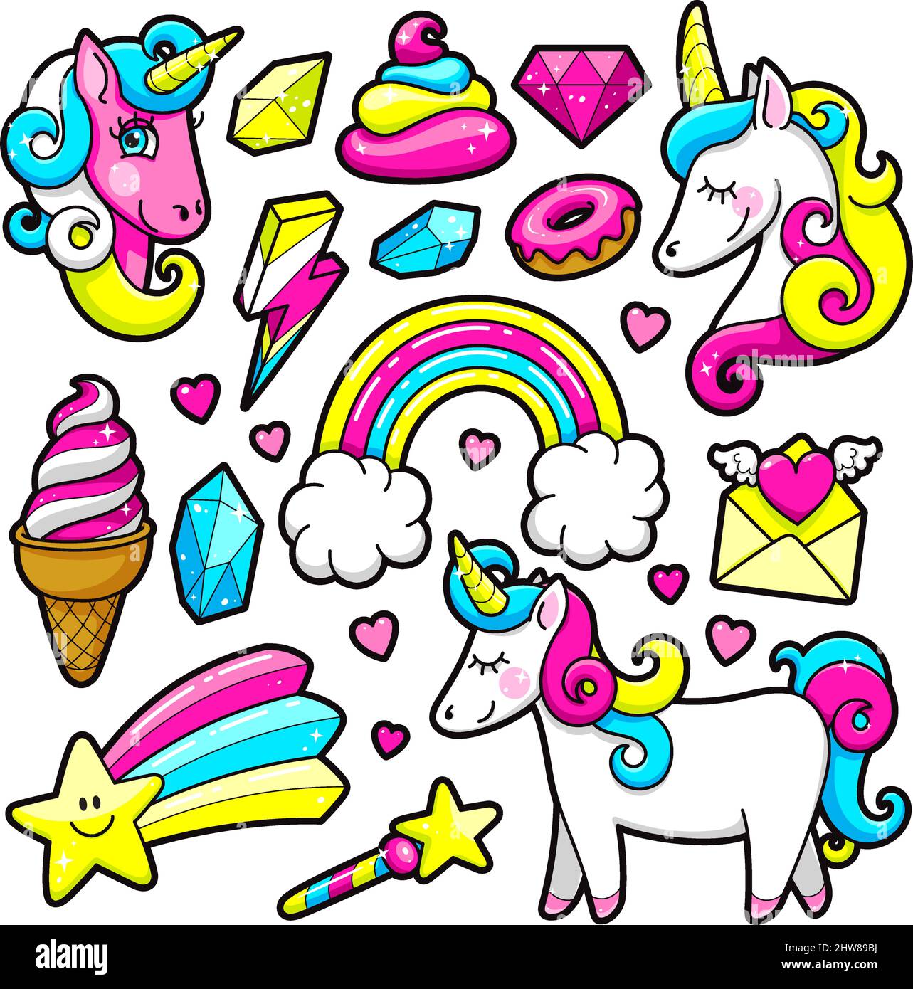 Des autocollants mode sont mis en place dans le style pop 80s-90s. Licorne, cristal, diamant, crème glacée, arc-en-ciel, anneau. Illustration vectorielle. Illustration de Vecteur