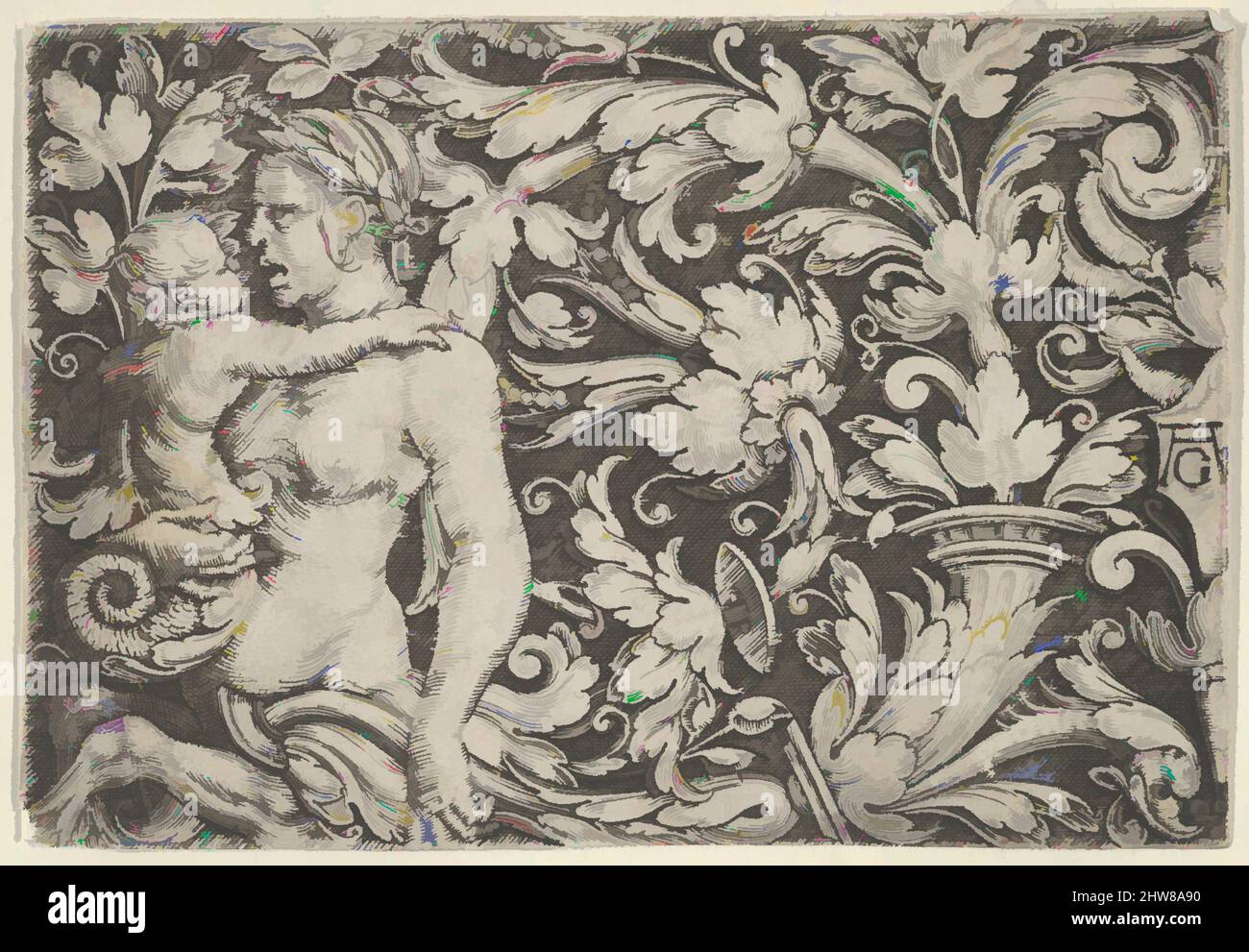 Art inspiré par le panneau horizontal avec Triton et enfant entouré de feuillage, 1525–61, gravure, feuille : 2 3/16 × 3 1/4 po. (5,6 × 8,2 cm), Heinrich Aldeverver (allemand, Paderborn ca. 1502–1555/1561 Soest), décoration avec triton femelle ou déesse de la mer et enfant à gauche, œuvres classiques modernisées par Artotop avec une touche de modernité. Formes, couleur et valeur, impact visuel accrocheur sur l'art émotions par la liberté d'œuvres d'art d'une manière contemporaine. Un message intemporel qui cherche une nouvelle direction créative. Artistes qui se tournent vers le support numérique et créent le NFT Artotop Banque D'Images