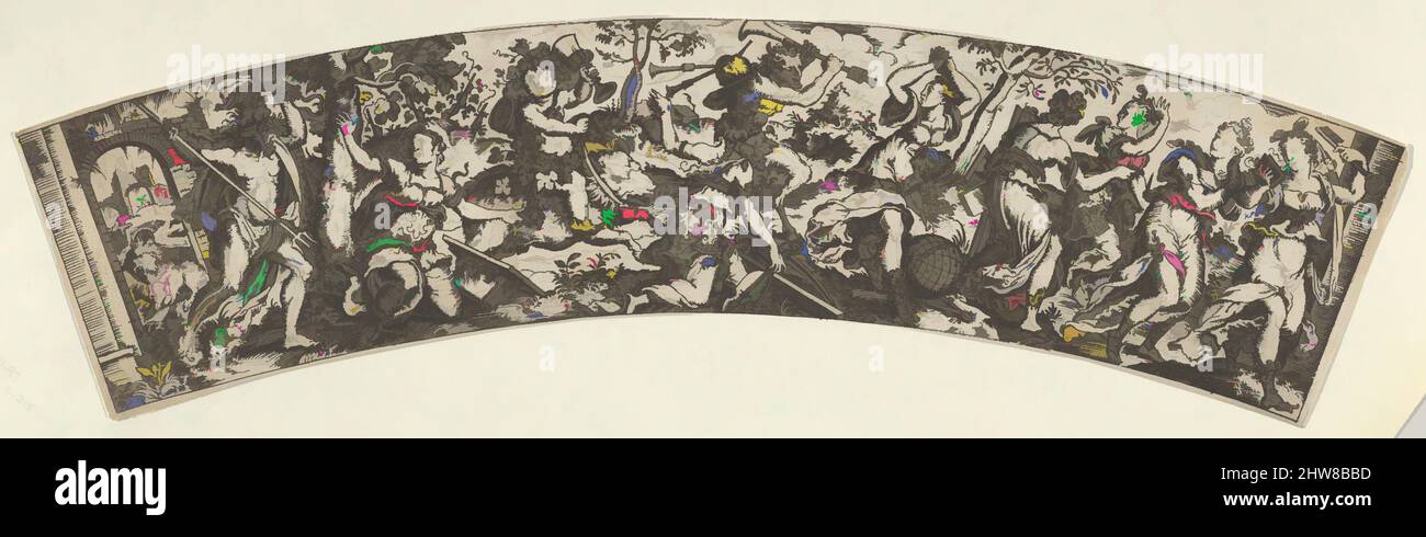 Art inspiré par les sept arts libéraux persécutés par Pluton et Bacchus, ca. 1554–91, Décapage, feuille : 2 1/2 × 11 11/16 po. (6,4 × 29,7 cm), après Jost Amman (Suisse, Zurich avant 1539–1591 Nuremberg), segment d'un cercle avec cinq des sept arts libéraux fuyant le droit, étant chassés par, les œuvres classiques modernisées par Artotop avec un peu de modernité. Formes, couleur et valeur, impact visuel accrocheur sur l'art émotions par la liberté d'œuvres d'art d'une manière contemporaine. Un message intemporel qui cherche une nouvelle direction créative. Artistes qui se tournent vers le support numérique et créent le NFT Artotop Banque D'Images