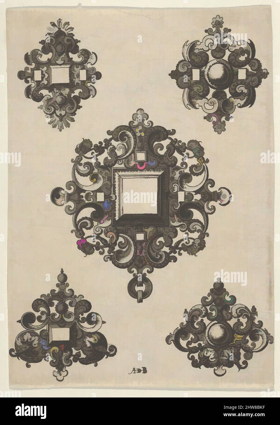 Art inspiré par le panneau vertical avec dessins pour cinq miroirs,  1580–1600, gravure, feuille : 4 9/16 × 3 1/4 po. (11,6 × 8,2 cm), attribué  à Abraham de Bruyn (flamand, Anvers