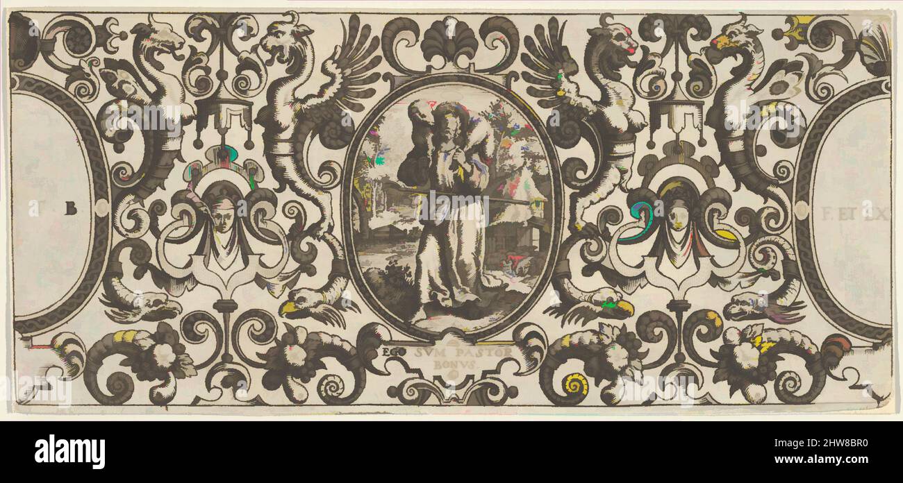 Art inspiré par le bon Berger, de Grotisch fur Alle Kunstler, 1580–1600, gravure, feuille : 2 5/8 × 5 3/4 po. (6,7 × 14,6 cm), Theodor de Bry (Netherlandish, Liège 1528–1598 Francfort), Une scène avec le bon Berger encadré dans un ovale au centre, entouré de symétriques, oeuvres classiques modernisées par Artotop avec une touche de modernité. Formes, couleur et valeur, impact visuel accrocheur sur l'art émotions par la liberté d'œuvres d'art d'une manière contemporaine. Un message intemporel qui cherche une nouvelle direction créative. Artistes qui se tournent vers le support numérique et créent le NFT Artotop Banque D'Images