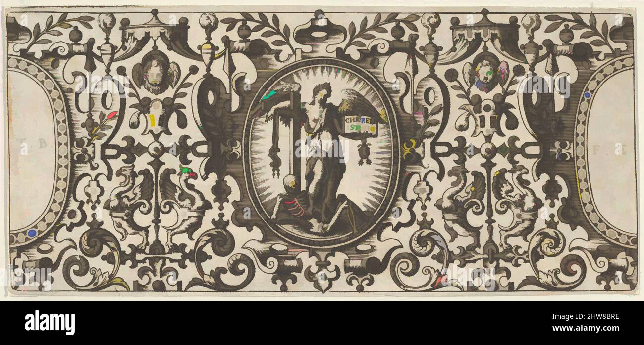 Art inspiré par un Ange piétinant un squelette, de Grotisch fur Alle Kunstler, 1580–1600, gravure, feuille : 2 11/16 × 5 13/16 po. (6,8 × 14,8 cm), Theodor de Bry (Netherlandish, Liège 1528–1598 Francfort), encadré dans un ovale au centre, un ange, tenant un livre et drachant un bras sur un, oeuvres classiques modernisées par Artotop avec une touche de modernité. Formes, couleur et valeur, impact visuel accrocheur sur l'art émotions par la liberté d'œuvres d'art d'une manière contemporaine. Un message intemporel qui cherche une nouvelle direction créative. Artistes qui se tournent vers le support numérique et créent le NFT Artotop Banque D'Images