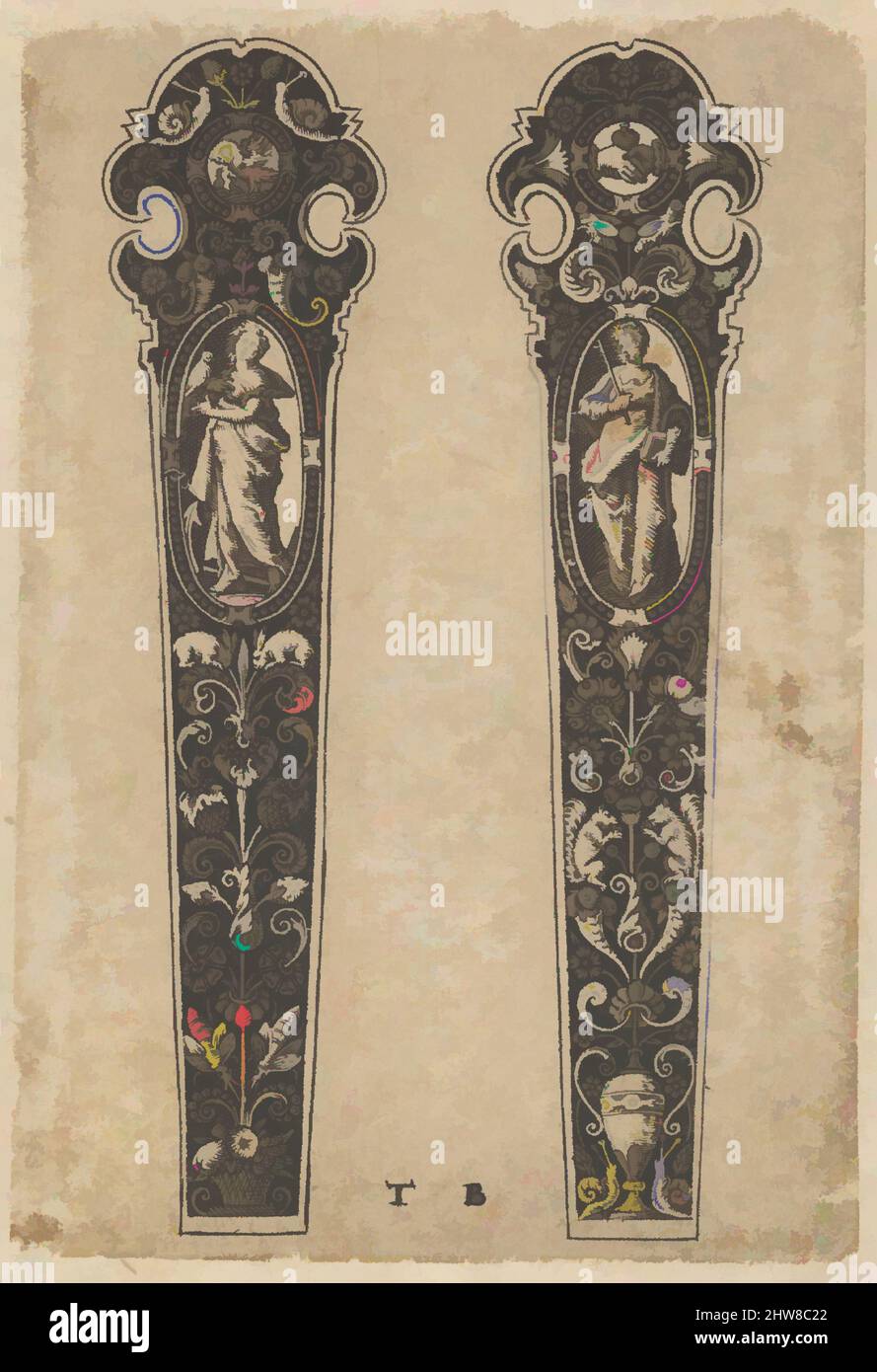 Art inspiré par Design for Knife Handles avec des personnages de la paix et de la foi, 1580–1600, gravure et chantage, feuille : 3 9/16 × 2 7/16 po. (9,1 × 6,2 cm), attribué à Johann Theodor de Bry (Netherlandish, Strasbourg 1561–1623 Bad Schwalbach), Design pour une poignée de couteau avec, oeuvres classiques modernisées par Artotop avec une touche de modernité. Formes, couleur et valeur, impact visuel accrocheur sur l'art émotions par la liberté d'œuvres d'art d'une manière contemporaine. Un message intemporel qui cherche une nouvelle direction créative. Artistes qui se tournent vers le support numérique et créent le NFT Artotop Banque D'Images