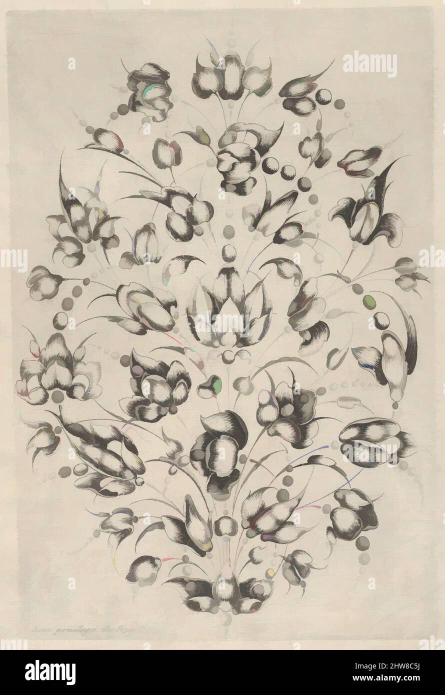 Art inspiré par le bouquet Goldsmiths, de Livre de Toutes Sorte de feuilles pour Servir a l'Art d'Orfeburie, 1627, gravure, feuille : 9 13/16 × 7 1/16 po. (24,9 × 17,9 cm), Jacques Cailard (français, 17th siècle), publié par Isaac Briot (français, Damblain 1585–1670 Paris), Goldsmiths, oeuvres classiques modernisées par Artotop avec un peu de modernité. Formes, couleur et valeur, impact visuel accrocheur sur l'art émotions par la liberté d'œuvres d'art d'une manière contemporaine. Un message intemporel qui cherche une nouvelle direction créative. Artistes qui se tournent vers le support numérique et créent le NFT Artotop Banque D'Images