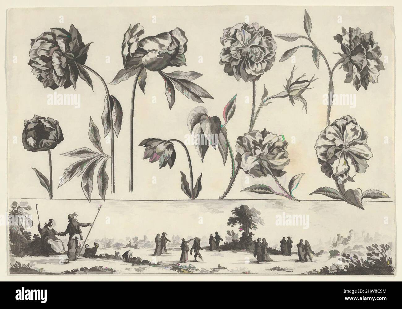 Art inspiré par le panneau horizontal avec une rangée de fleurs au-dessus d'un Frieze avec des figures dans un paysage, de Livre Nouveau de fleurs Tres-Util, 1645, Etching et burin, feuille: 3 1/8 × 4 1/2 po. (7,9 × 11,4 cm), Nicolas Cochin (français, Troyes 1610–1686 Paris), en haut, un panneau horizontal avec, œuvres classiques modernisées par Artotop avec une touche de modernité. Formes, couleur et valeur, impact visuel accrocheur sur l'art émotions par la liberté d'œuvres d'art d'une manière contemporaine. Un message intemporel qui cherche une nouvelle direction créative. Artistes qui se tournent vers le support numérique et créent le NFT Artotop Banque D'Images