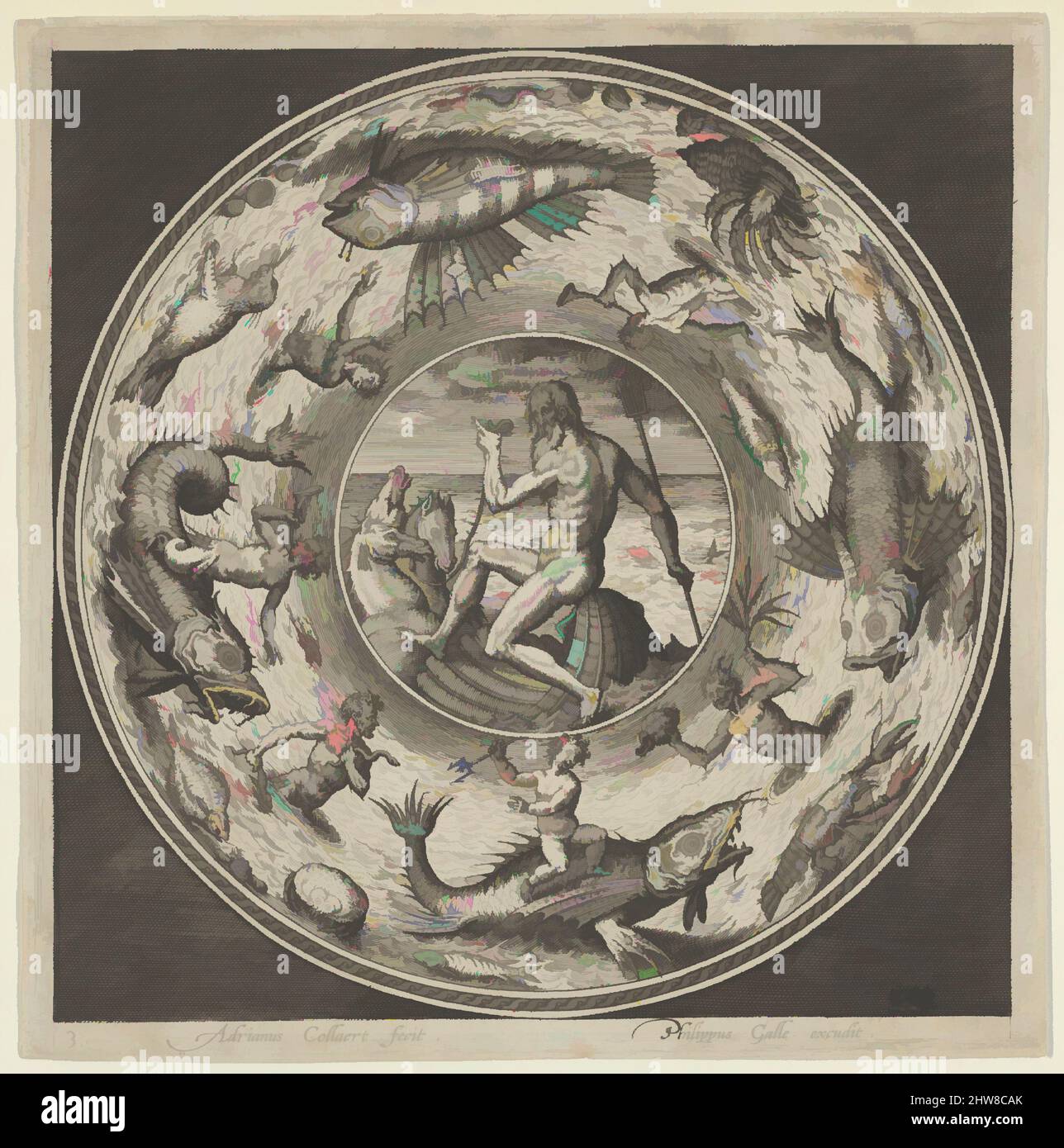 Art inspiré par le design pour une plaque avec Neptune dans une coquille dessinée par des chevaux dans un médaillon bordé par des monstres de mer, ca. 1600, gravure, feuille : 6 5/8 × 6 9/16 po. (16,9 × 16,6 cm), Adriaen Collaert (Netherlandish, Anvers ca. 1560–1618 Anvers), Design pour une plaque circulaire avec Neptune, oeuvres classiques modernisées par Artotop avec une touche de modernité. Formes, couleur et valeur, impact visuel accrocheur sur l'art émotions par la liberté d'œuvres d'art d'une manière contemporaine. Un message intemporel qui cherche une nouvelle direction créative. Artistes qui se tournent vers le support numérique et créent le NFT Artotop Banque D'Images