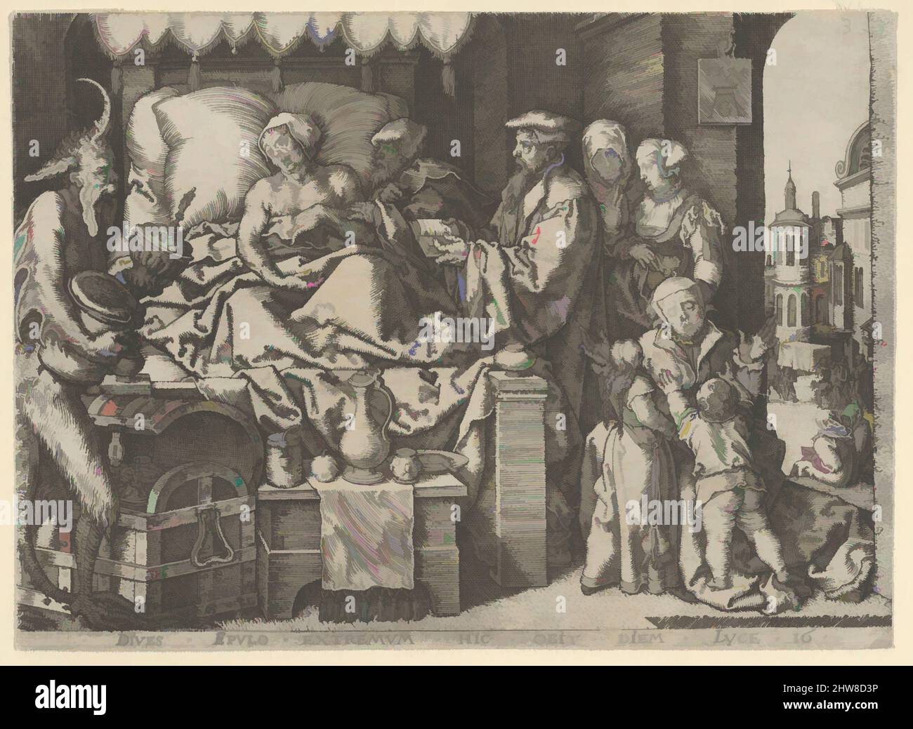 Art inspiré par l'Homme riche sur son lit de mort, de la parabole de l'Homme riche et Lazarus, 1554, gravure, feuille: 3 1/8 × 4 5/16 po. (8 × 10,9 cm), tirages, Heinrich Aldégraissant (allemand, Paderborn ca. 1502–1555/1561 Soest), l'homme riche dans un lit au centre, avec sa famille en deuil, les œuvres classiques modernisées par Artotop avec un peu de modernité. Formes, couleur et valeur, impact visuel accrocheur sur l'art émotions par la liberté d'œuvres d'art d'une manière contemporaine. Un message intemporel qui cherche une nouvelle direction créative. Artistes qui se tournent vers le support numérique et créent le NFT Artotop Banque D'Images