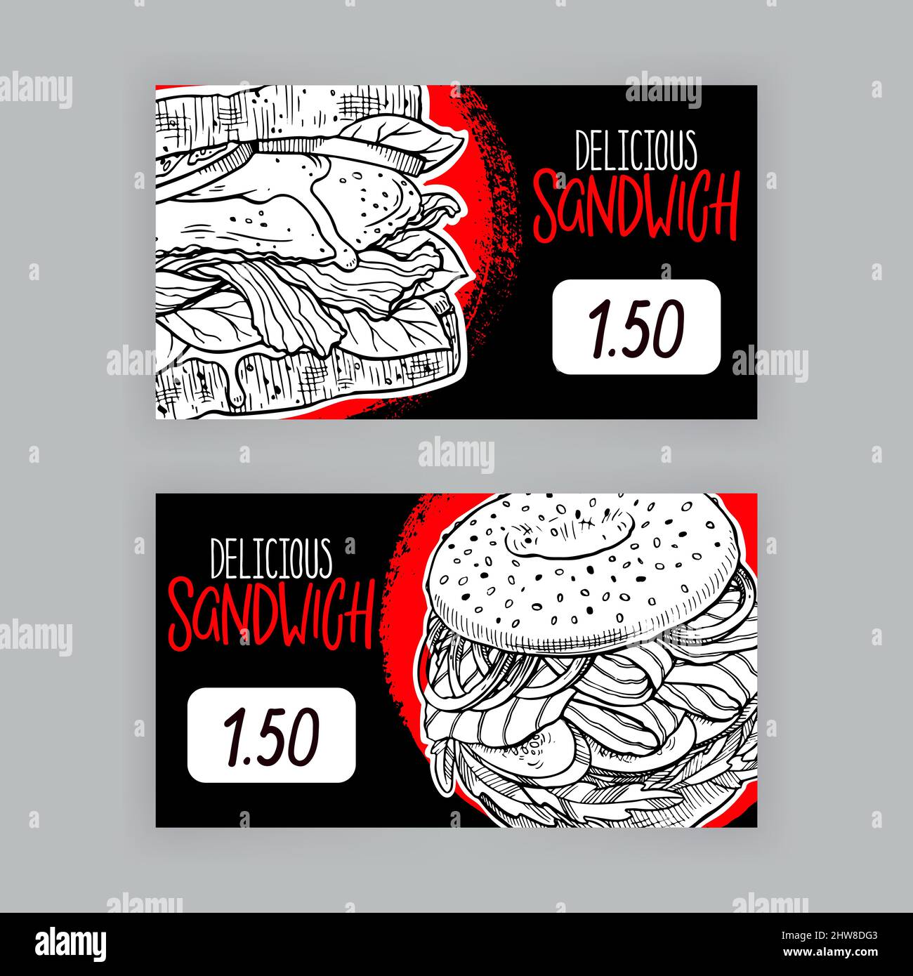 Deux jolies banderoles de sandwiches appétissants. Étiquettes de prix. Illustration dessinée à la main Illustration de Vecteur