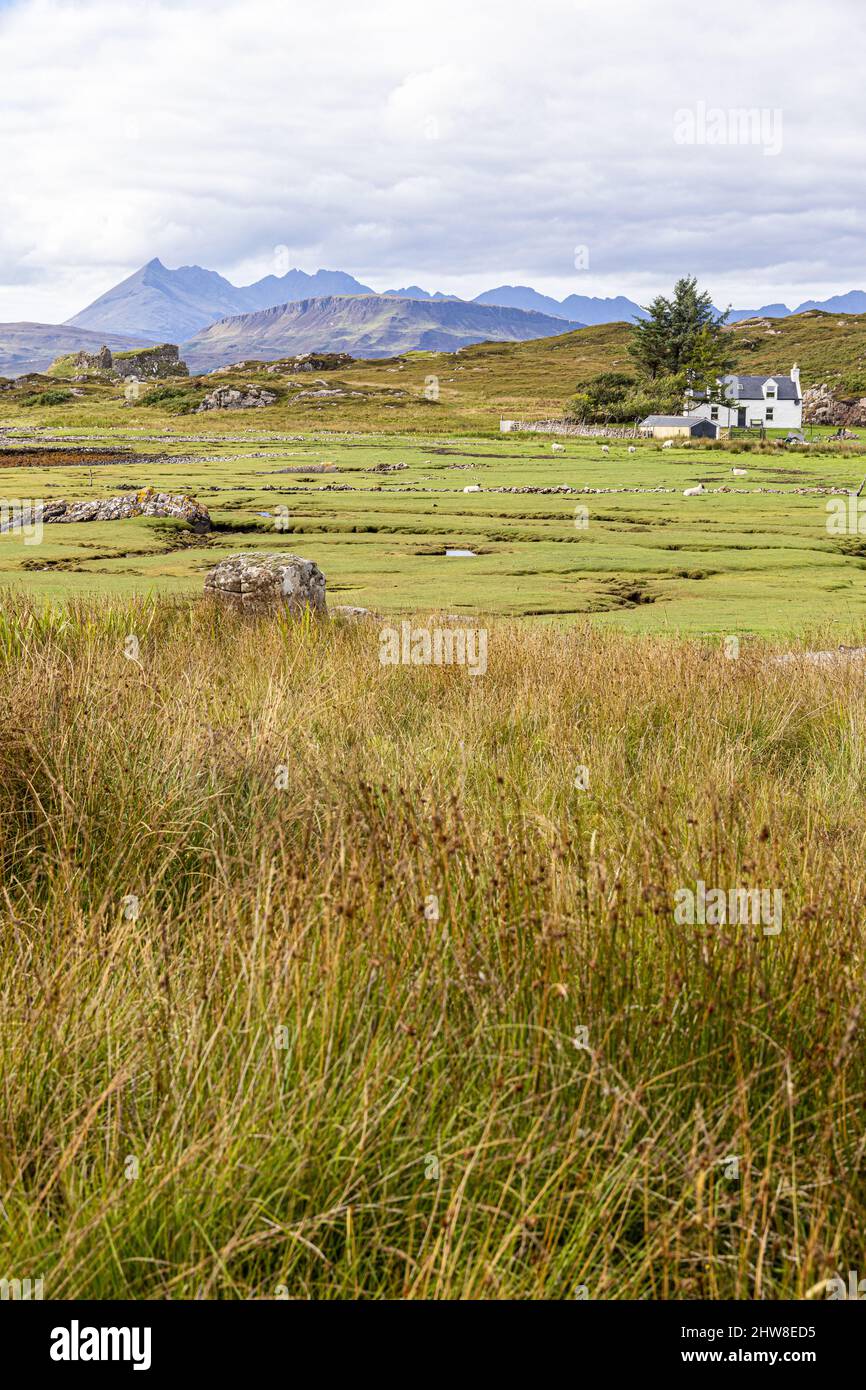 Les ruines du château de Dun Scaich et d'un croft sur les rives du Loch Eishort à Tokavaig, sur la péninsule de Sleat, au sud de l'île de Skye, dans les Highlands Banque D'Images