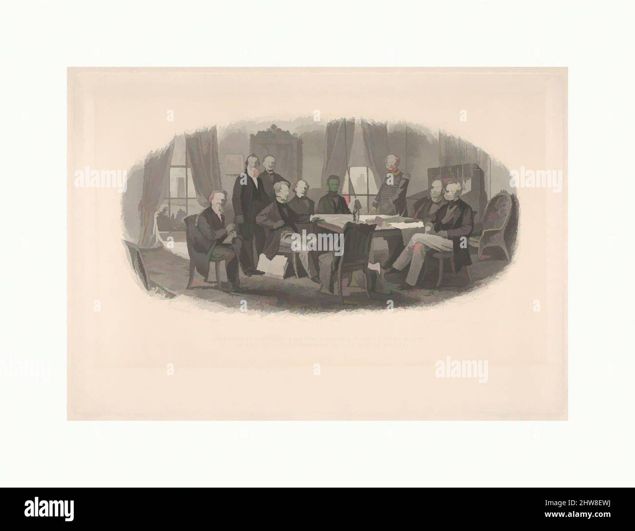 Art inspiré par le président Lincoln et son cabinet, avec le lieutenant-général Scott, dans la salle du Conseil à la Maison Blanche, ca. 1861, gravure, gravure et crépi, plaque : 6 7/8 × 9 7/8 po. (17,5 × 25,1 cm), estampes, d'après Christian Schussele (américain né en France), Guebwiller 1824–1879, oeuvres classiques modernisées par Artotop avec une touche de modernité. Formes, couleur et valeur, impact visuel accrocheur sur l'art émotions par la liberté d'œuvres d'art d'une manière contemporaine. Un message intemporel qui cherche une nouvelle direction créative. Artistes qui se tournent vers le support numérique et créent le NFT Artotop Banque D'Images