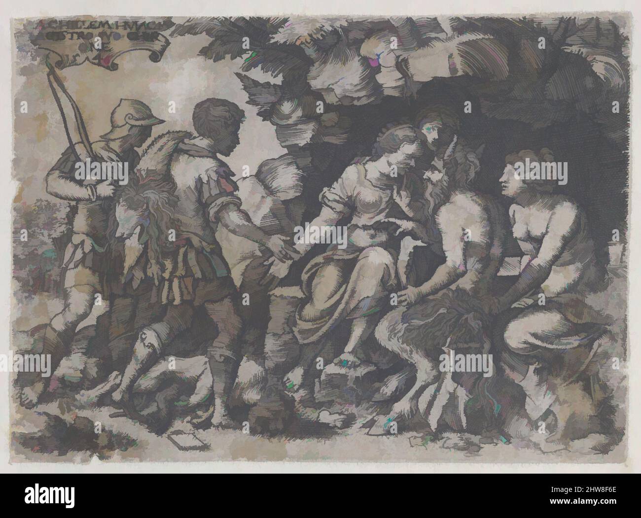 Art inspiré par Reverse Copy of Thetis and Chiron, 1546, gravure, feuille : 2 5/16 × 3 3/16 po. (5,9 × 8,1 cm), tirages, d'après Georg Pentz (allemand, Wroclaw ca. 1500–1550 Leipzig, œuvres classiques modernisées par Artotop avec une touche de modernité. Formes, couleur et valeur, impact visuel accrocheur sur l'art émotions par la liberté d'œuvres d'art d'une manière contemporaine. Un message intemporel qui cherche une nouvelle direction créative. Artistes qui se tournent vers le support numérique et créent le NFT Artotop Banque D'Images