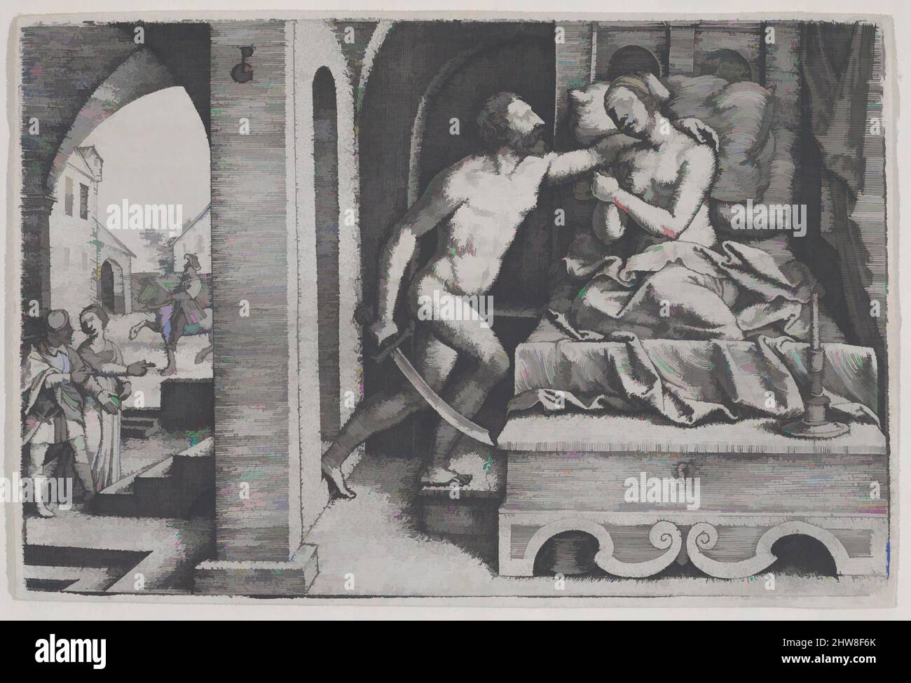 Art inspiré par Tarquinius rapes Lucretia, de scènes de l'histoire romaine, gravure, feuille: 3 3/16 × 4 3/4 po. (8,1 × 12 cm), tirages, Georg Pentz (allemand, Wroclaw ca. 1500–1550 Leipzig, œuvres classiques modernisées par Artotop avec une touche de modernité. Formes, couleur et valeur, impact visuel accrocheur sur l'art émotions par la liberté d'œuvres d'art d'une manière contemporaine. Un message intemporel qui cherche une nouvelle direction créative. Artistes qui se tournent vers le support numérique et créent le NFT Artotop Banque D'Images
