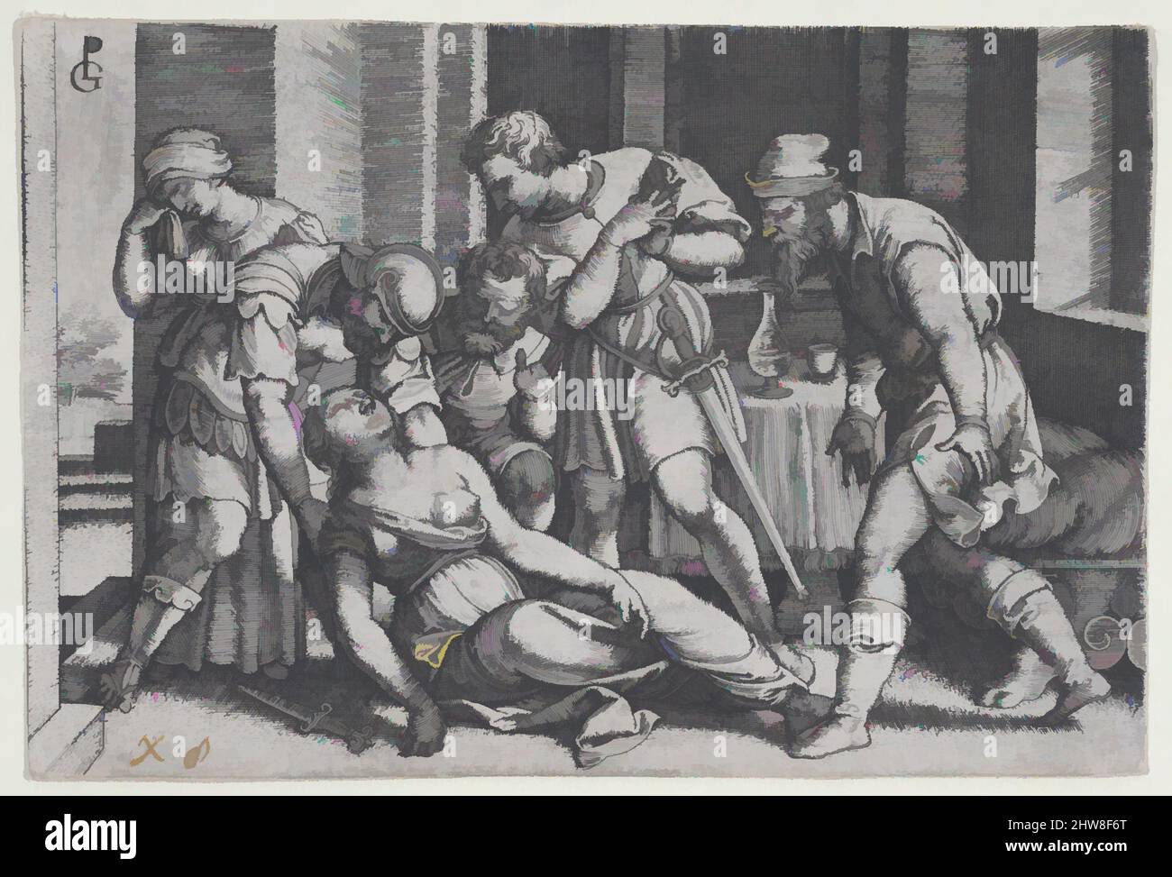 Art inspiré par le suicide de Lucretia, de scènes de l'histoire romaine, gravure, feuille: 3 1/8 × 4 5/8 po. (7,9 × 11,7 cm), tirages, Georg Pentz (allemand, Wroclaw ca. 1500–1550 Leipzig, œuvres classiques modernisées par Artotop avec une touche de modernité. Formes, couleur et valeur, impact visuel accrocheur sur l'art émotions par la liberté d'œuvres d'art d'une manière contemporaine. Un message intemporel qui cherche une nouvelle direction créative. Artistes qui se tournent vers le support numérique et créent le NFT Artotop Banque D'Images