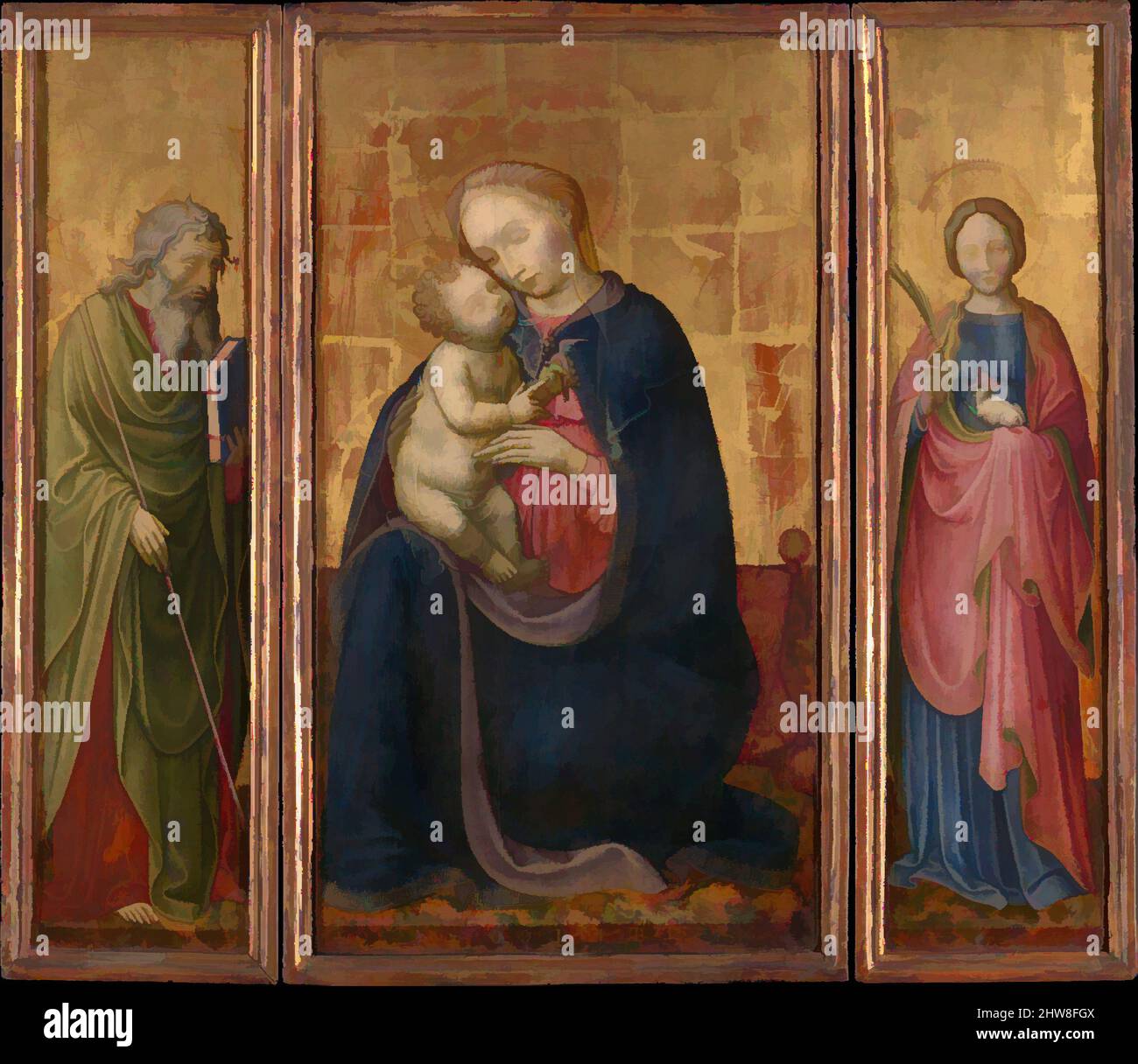 Art inspiré par Madonna et l'enfant avec les saints Philip et Agnes, ca. 1425–30, Tempéa sur bois, doré, panneau central, hors tout 23 1/2 x 13 1/8 po. (59,7 x 33,3 cm), surface peinte 23 1/8 x 12 3/4 po (58,7 x 32,4 cm); chaque aile, hors tout 23 5/8 x 6 po (60 x 15,2 cm), peint, oeuvres classiques modernisées par Artotop avec une touche de modernité. Formes, couleur et valeur, impact visuel accrocheur sur l'art émotions par la liberté d'œuvres d'art d'une manière contemporaine. Un message intemporel qui cherche une nouvelle direction créative. Artistes qui se tournent vers le support numérique et créent le NFT Artotop Banque D'Images