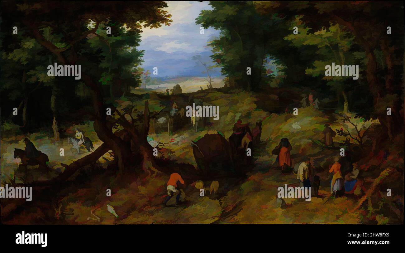 Art inspiré par Une route forestière avec voyageurs, 1607, huile sur bois, 18 1/8 x 32 3/4 po. (46 x 83,2 cm), peintures, Jan Brueghel The Elder (Netherlandish, Bruxelles 1568–1625 Anvers), Jan, qui est né peu avant la mort de son célèbre père, Pieter Bruegel The Elder, a avancé les œuvres classiques modernisées par Artotop avec un peu de modernité. Formes, couleur et valeur, impact visuel accrocheur sur l'art émotions par la liberté d'œuvres d'art d'une manière contemporaine. Un message intemporel qui cherche une nouvelle direction créative. Artistes qui se tournent vers le support numérique et créent le NFT Artotop Banque D'Images