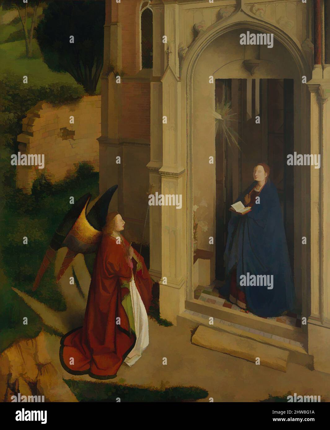 Art inspiré par l'Annonciation, ca. 1450, huile sur bois, hors tout 31 x 25 7/8 po (78,7 x 65,7 cm); surface peinte 30 1/2 x 25 1/4 po (77,5 x 64,1 cm), peintures, attribuées à Petrus Christus (Netherlandish, Baarle-Hertog (Baerle-Duc), actif par 1444–mort 1475/76 Bruges), ceci, oeuvres classiques modernisées par Artotop avec une touche de modernité. Formes, couleur et valeur, impact visuel accrocheur sur l'art émotions par la liberté d'œuvres d'art d'une manière contemporaine. Un message intemporel qui cherche une nouvelle direction créative. Artistes qui se tournent vers le support numérique et créent le NFT Artotop Banque D'Images