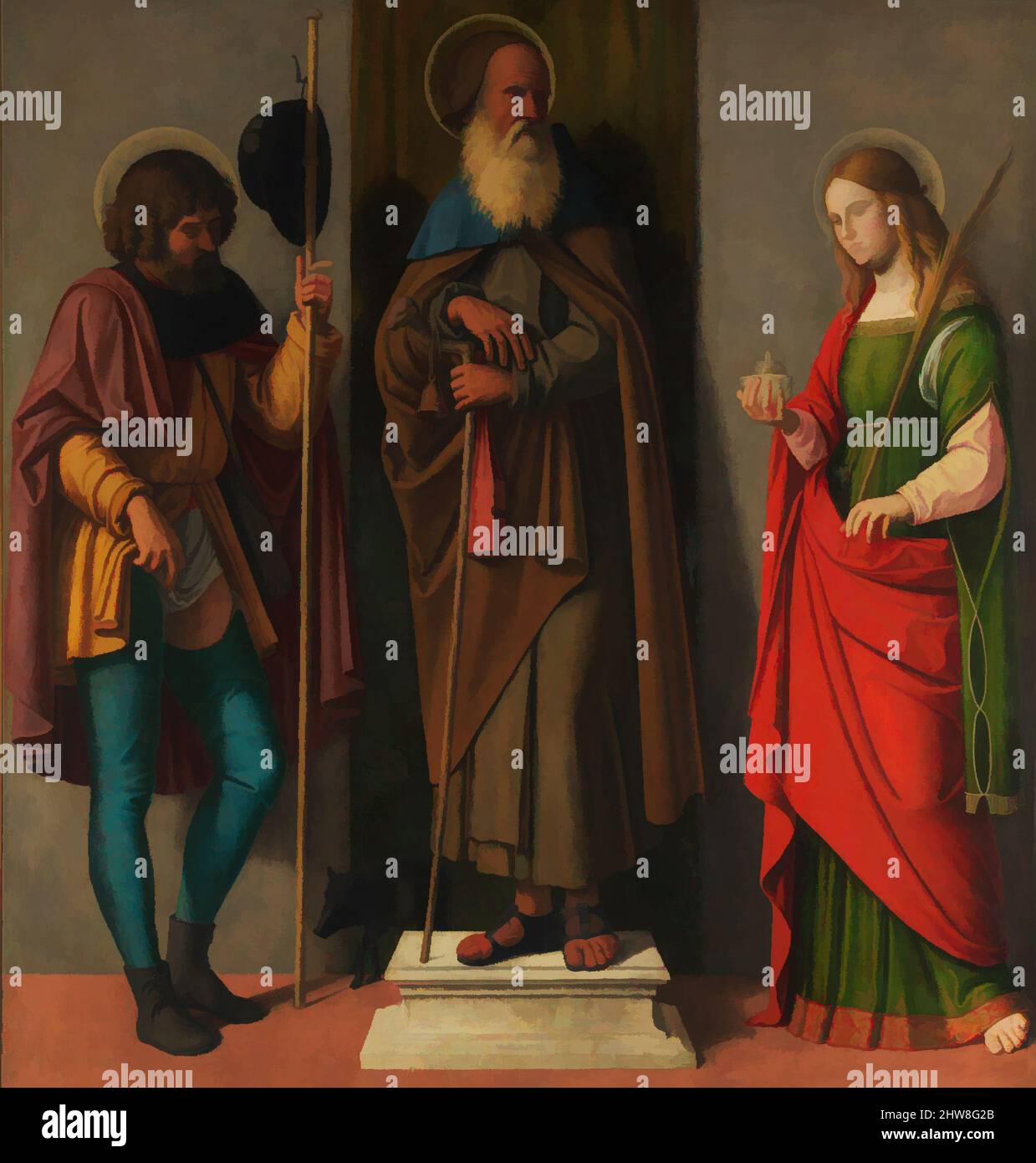 Art inspiré par trois saints : Roch, Anthony Abbot et Lucy, ca. 1513, huile  sur toile, transférée du bois, 50 1/2 x 48 po. (128,3 x 121,9 cm),  peintures, Cima da Conegliano (
