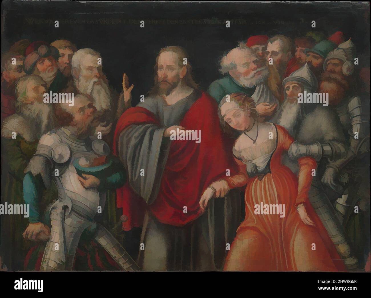 Art inspiré par le Christ et l'Adultére, ca. 1545–50, huile sur hêtre, 6 1/4 x 8 1/2 po (15,9 x 21,6 cm), peintures, Lucas Cranach le plus jeune et atelier (allemand, Wittenberg 1515–1586 Wittenberg), cette petite image illustre le passage biblique dans lequel une femme accusée, œuvres classiques modernisées par Artotop avec une touche de modernité. Formes, couleur et valeur, impact visuel accrocheur sur l'art émotions par la liberté d'œuvres d'art d'une manière contemporaine. Un message intemporel qui cherche une nouvelle direction créative. Artistes qui se tournent vers le support numérique et créent le NFT Artotop Banque D'Images
