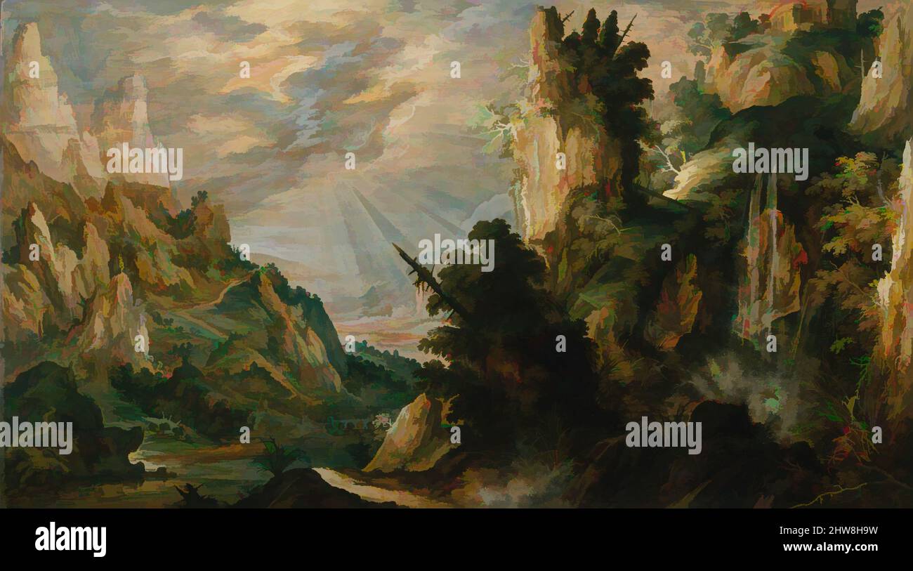 Art inspiré par Un paysage montagneux avec une chute d'eau, ca. 1600, huile sur bois, 27 1/4 x 48 po. (69,2 x 121,9 cm), peintures, Kerstiaen de Keuninck (flamand, Kortrijk ca. 1560–1632/33 Anvers), à la différence de Jan Brueghel l'ancien, qui était une figure de premier plan dans le développement des œuvres classiques réalistes modernisées par Artotop avec un peu de modernité. Formes, couleur et valeur, impact visuel accrocheur sur l'art émotions par la liberté d'œuvres d'art d'une manière contemporaine. Un message intemporel qui cherche une nouvelle direction créative. Artistes qui se tournent vers le support numérique et créent le NFT Artotop Banque D'Images