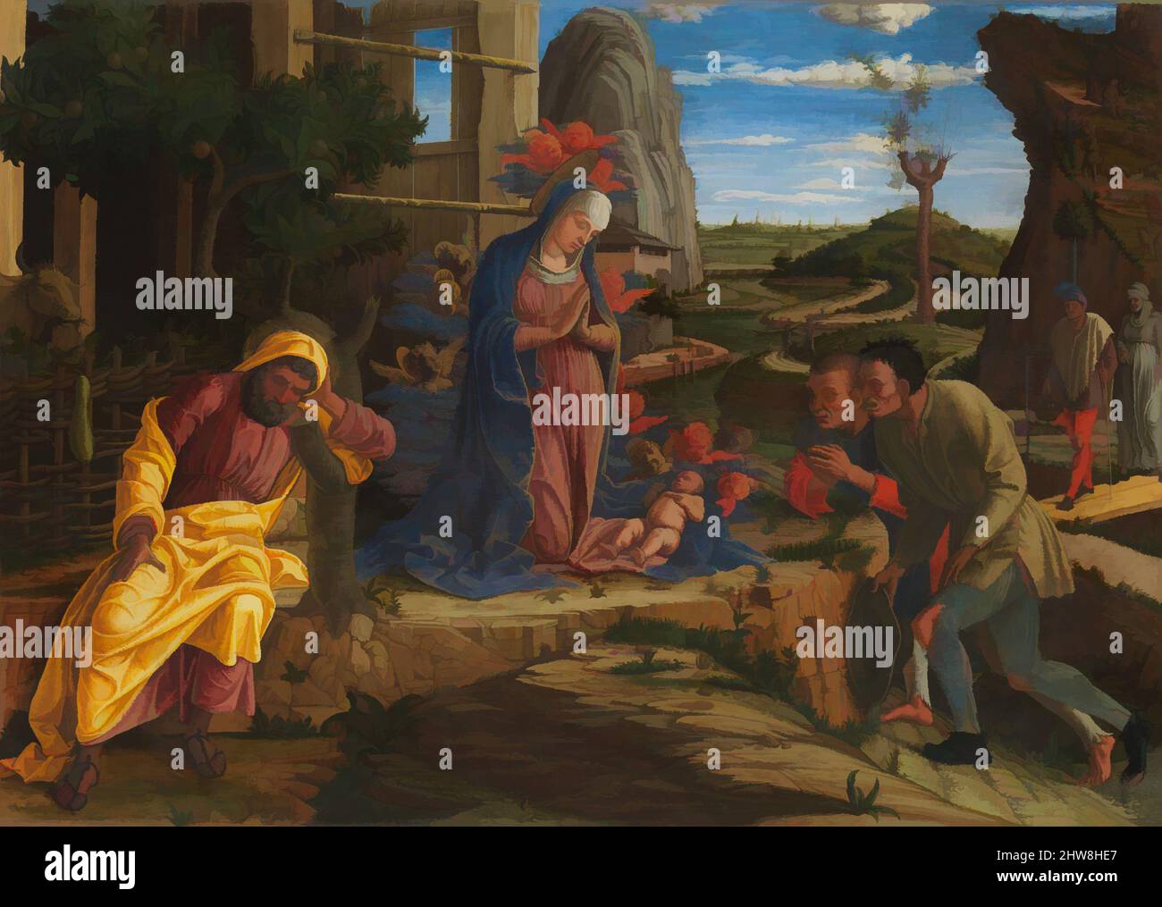 Art inspiré par l'adoration des bergers, peu après 1450, Tempera sur toile, transféré du bois, total 15 3/4 x 21 7/8 po. (40 x 55,6 cm); surface peinte 14 7/8 x 21 po (37,8 x 53,3 cm), peintures, Andrea Mantegna (Italien, Isola di Carturo 1430/31–1506 Mantua, oeuvres classiques modernisées par Artotop avec une touche de modernité. Formes, couleur et valeur, impact visuel accrocheur sur l'art émotions par la liberté d'œuvres d'art d'une manière contemporaine. Un message intemporel qui cherche une nouvelle direction créative. Artistes qui se tournent vers le support numérique et créent le NFT Artotop Banque D'Images