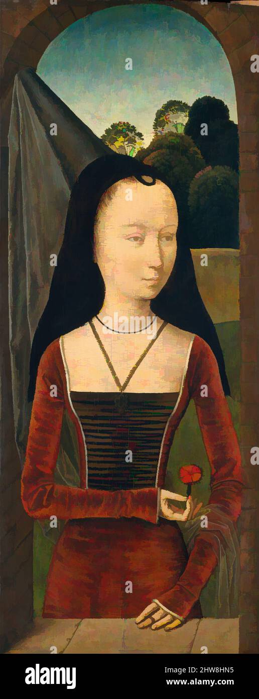 Art inspiré par la jeune femme avec un Rose, ca. 1485–90, huile sur bois, hors tout 17 x 7 3/8 po (43,2 x 18,7 cm); surface peinte 17 x 6 7/8 po (43,2 x 17,5 cm), peintures, attribuées à Hans Memling (Netherlandish, Seligenstadt, actif par 1465–mort 1494 Bruges), plutôt que de dépeindre une œuvre classique modernisée par Artotop avec une touche de modernité. Formes, couleur et valeur, impact visuel accrocheur sur l'art émotions par la liberté d'œuvres d'art d'une manière contemporaine. Un message intemporel qui cherche une nouvelle direction créative. Artistes qui se tournent vers le support numérique et créent le NFT Artotop Banque D'Images