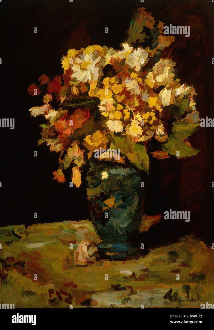 Art inspiré par les fleurs dans un vase bleu, 1879–1883, huile sur bois, ensemble, avec bande supplémentaire à droite, 26 1/2 x 19 1/4 po. (67,3 x 48,9 cm), peintures, Adolphe Monticelli (français, Marseille 1824–1886 Marseille), Monticelli peint des centaines d'images avec des œuvres classiques très texturées, richement modernisées par Artotop avec une touche de modernité. Formes, couleur et valeur, impact visuel accrocheur sur l'art émotions par la liberté d'œuvres d'art d'une manière contemporaine. Un message intemporel qui cherche une nouvelle direction créative. Artistes qui se tournent vers le support numérique et créent le NFT Artotop Banque D'Images