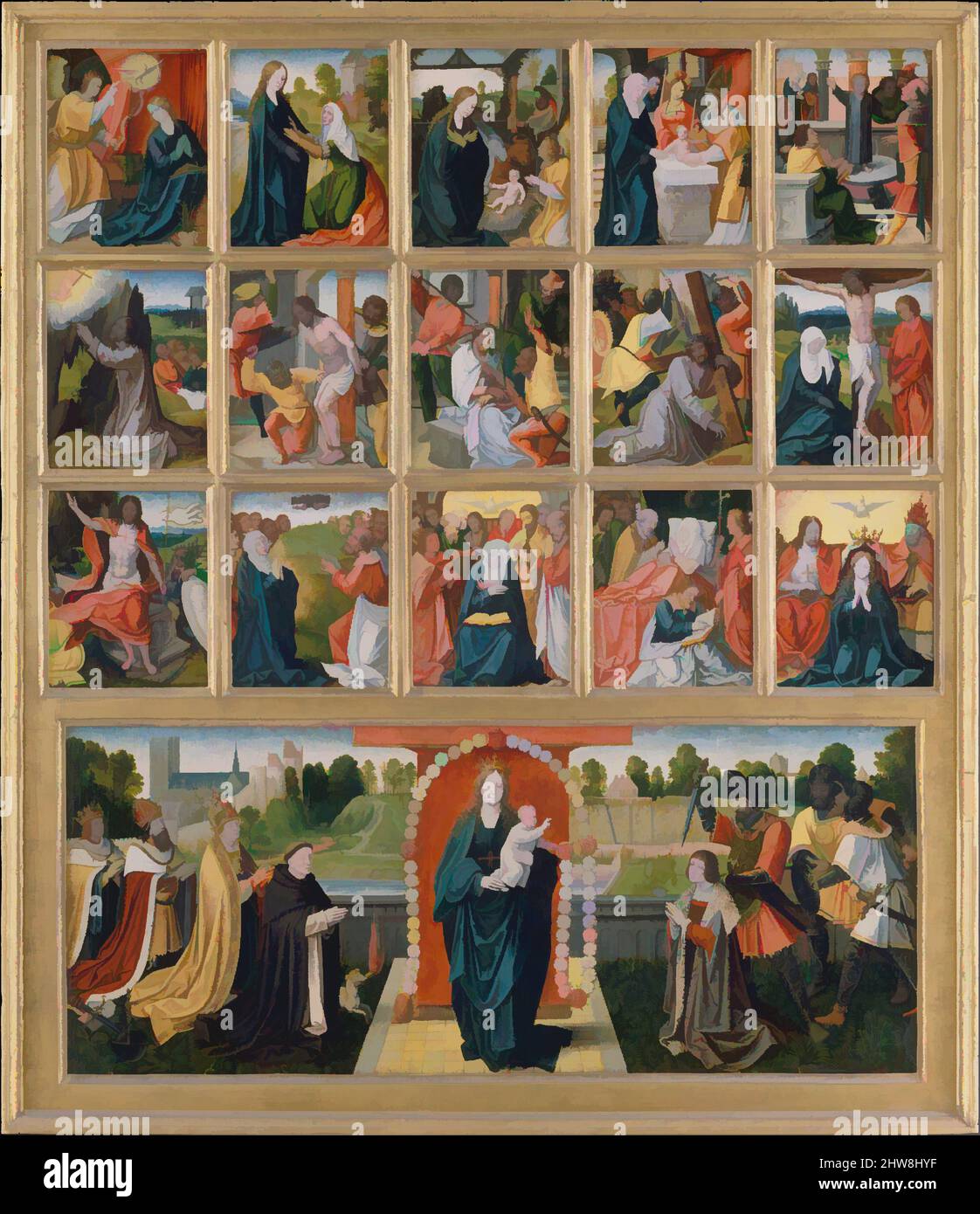 Art inspiré par les quinze mystères et la Vierge du Rosaire, huile sur bois, (a) 9 7/8 x 21 po. (25,1 x 53,3 cm) ; (b–p) chacun 5 x 4 1/8 po (12,7 x 10,5 cm), peintures, peintre néerlandais (éventuellement Goswijn van der Weyden, actif en 1491, mort après 1538), ca. 1515–20, cette œuvre classique modernisée par Artotop avec une touche de modernité. Formes, couleur et valeur, impact visuel accrocheur sur l'art émotions par la liberté d'œuvres d'art d'une manière contemporaine. Un message intemporel qui cherche une nouvelle direction créative. Artistes qui se tournent vers le support numérique et créent le NFT Artotop Banque D'Images
