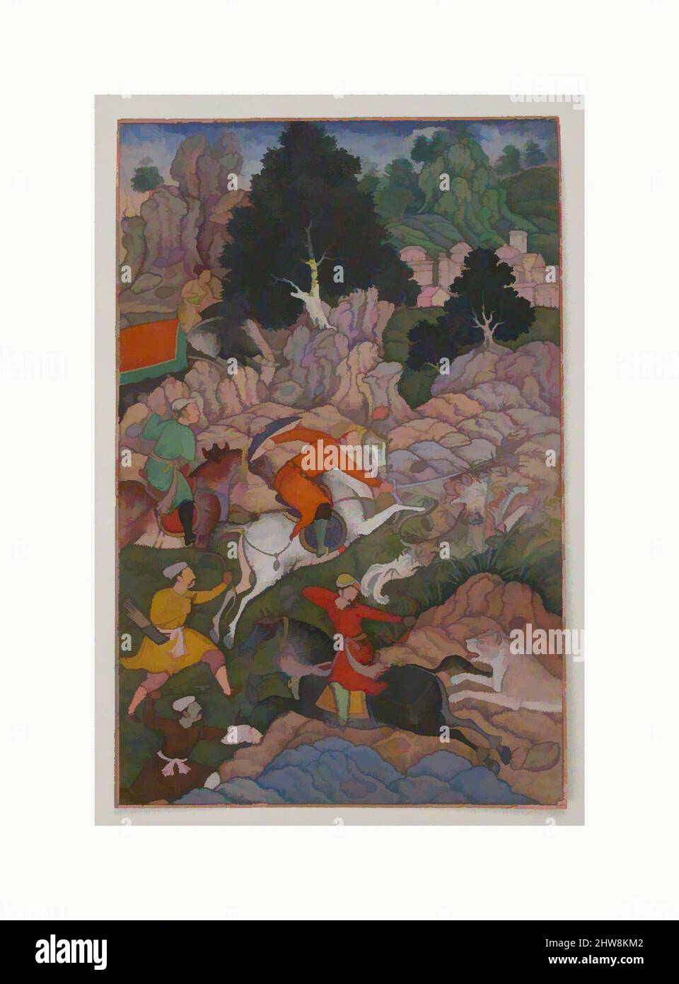 Art inspiré par Akbar Hunting', Folio de an Akbarnama (Histoire d'Akbar), fin du 16th siècle, fabriqué dans le Pakistan d'aujourd'hui, probablement Lahore, aquarelle opaque, encre, or sur papier, peinture: 7 1/2 x 4 7/8 po. (19,1 x 12,4 cm), CODICES, œuvres classiques modernisées par Artotop avec un peu de modernité. Formes, couleur et valeur, impact visuel accrocheur sur l'art émotions par la liberté d'œuvres d'art d'une manière contemporaine. Un message intemporel qui cherche une nouvelle direction créative. Artistes qui se tournent vers le support numérique et créent le NFT Artotop Banque D'Images