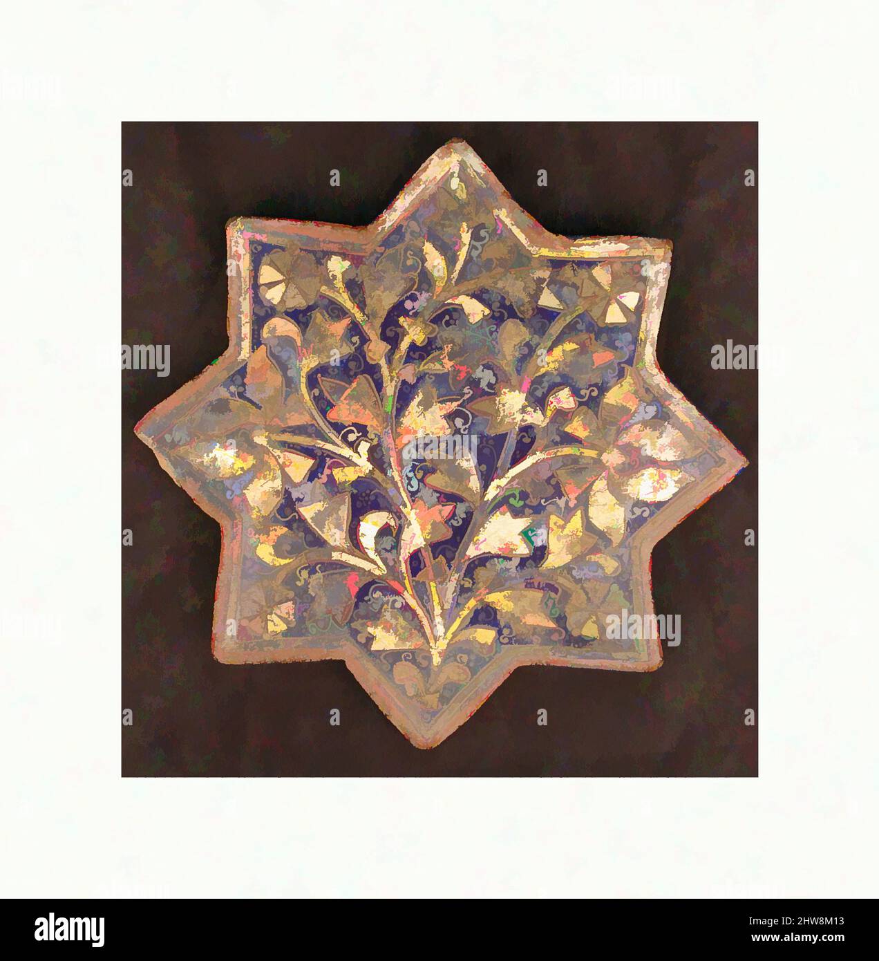 Art inspiré par trois tuiles avec 'Lajvardina' Glaze, deuxième moitié du 13th–14th siècle, attribué à l'Iran, Stonepaste; moulé, peint par surglaçure, Et doré (lajvardina), H. 7 7/8 po. (20 cm), carreaux de céramique, ce carrelage à huit pointes a été décoré à l'aide d'une technique appelée lajvardina, a, œuvres classiques modernisées par Artotop avec une touche de modernité. Formes, couleur et valeur, impact visuel accrocheur sur l'art émotions par la liberté d'œuvres d'art d'une manière contemporaine. Un message intemporel qui cherche une nouvelle direction créative. Artistes qui se tournent vers le support numérique et créent le NFT Artotop Banque D'Images