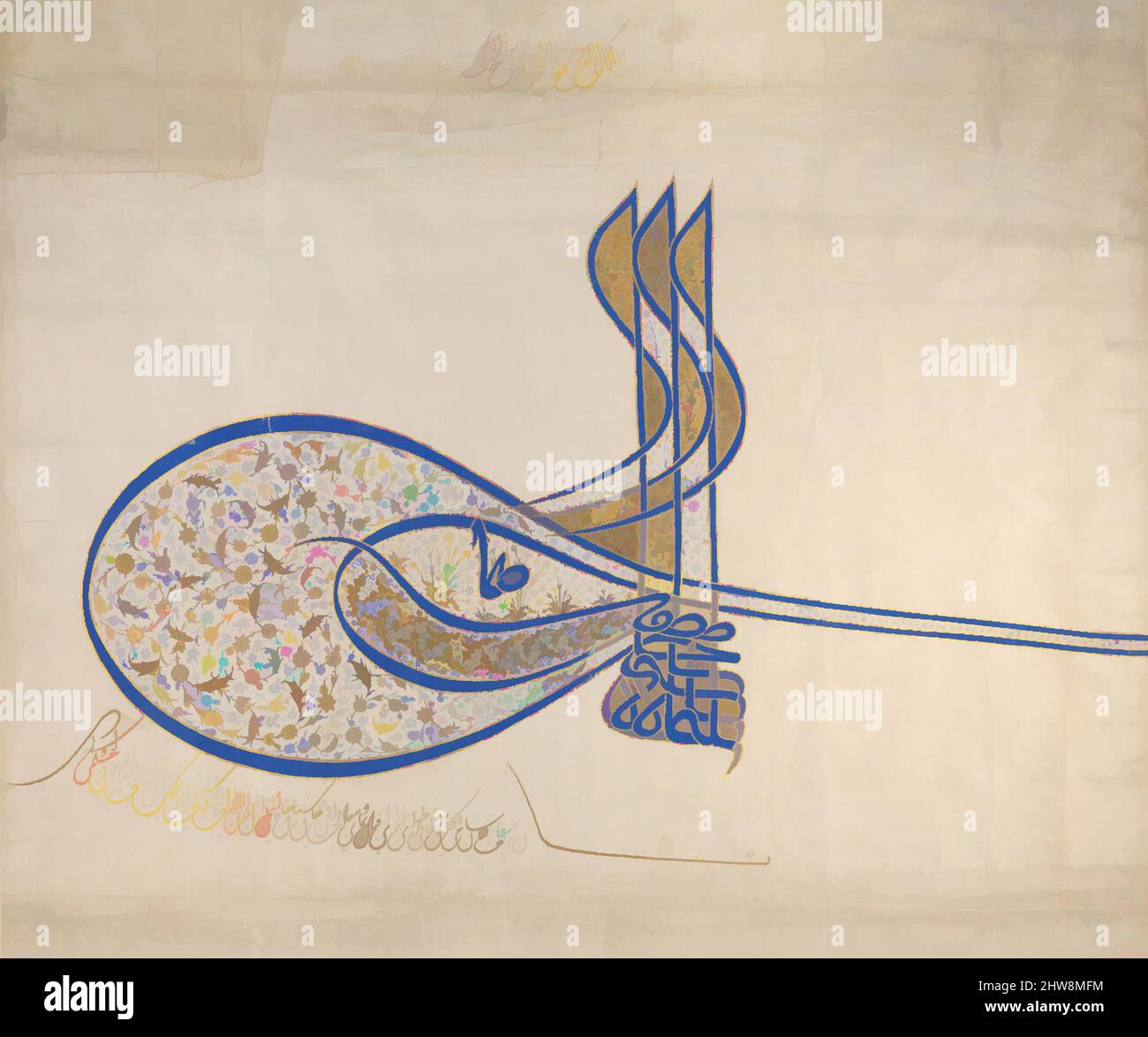 Art inspiré par Tughra (signature officielle) du Sultan Süleiman le magnifique (r. 1520–66), env. 1555–60, attribué à la Turquie, Istanbul, encre, aquarelle opaque, et or sur papier, 20 1/2 x 23 1/2in. (52,1 x 59,7cm), CODICES, Un tughra est un sceau royal stylisé et la signature appliquée par, les œuvres classiques modernisées par Artotop avec un peu de modernité. Formes, couleur et valeur, impact visuel accrocheur sur l'art émotions par la liberté d'œuvres d'art d'une manière contemporaine. Un message intemporel qui cherche une nouvelle direction créative. Artistes qui se tournent vers le support numérique et créent le NFT Artotop Banque D'Images