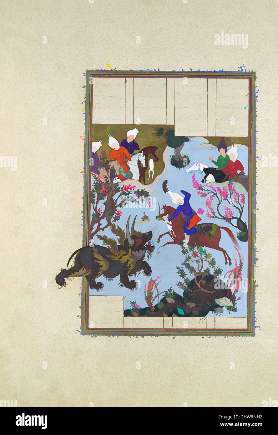 Art inspiré par Bahram Gur lance le Rhino-Wolf', Folio 586r du Shahnama (Livre des Rois) de Shah Tahmasp, ca. 1530–35, fabriqué en Iran, Tabriz, aquarelle opaque, encre, Argent, et or sur papier, peinture: H. 11 1/4 po. (28,5 cm), CODICES, peinture attribuée à 'Abd al-'Aziz (active, oeuvres classiques modernisées par Artotop avec un peu de modernité. Formes, couleur et valeur, impact visuel accrocheur sur l'art émotions par la liberté d'œuvres d'art d'une manière contemporaine. Un message intemporel qui cherche une nouvelle direction créative. Artistes qui se tournent vers le support numérique et créent le NFT Artotop Banque D'Images