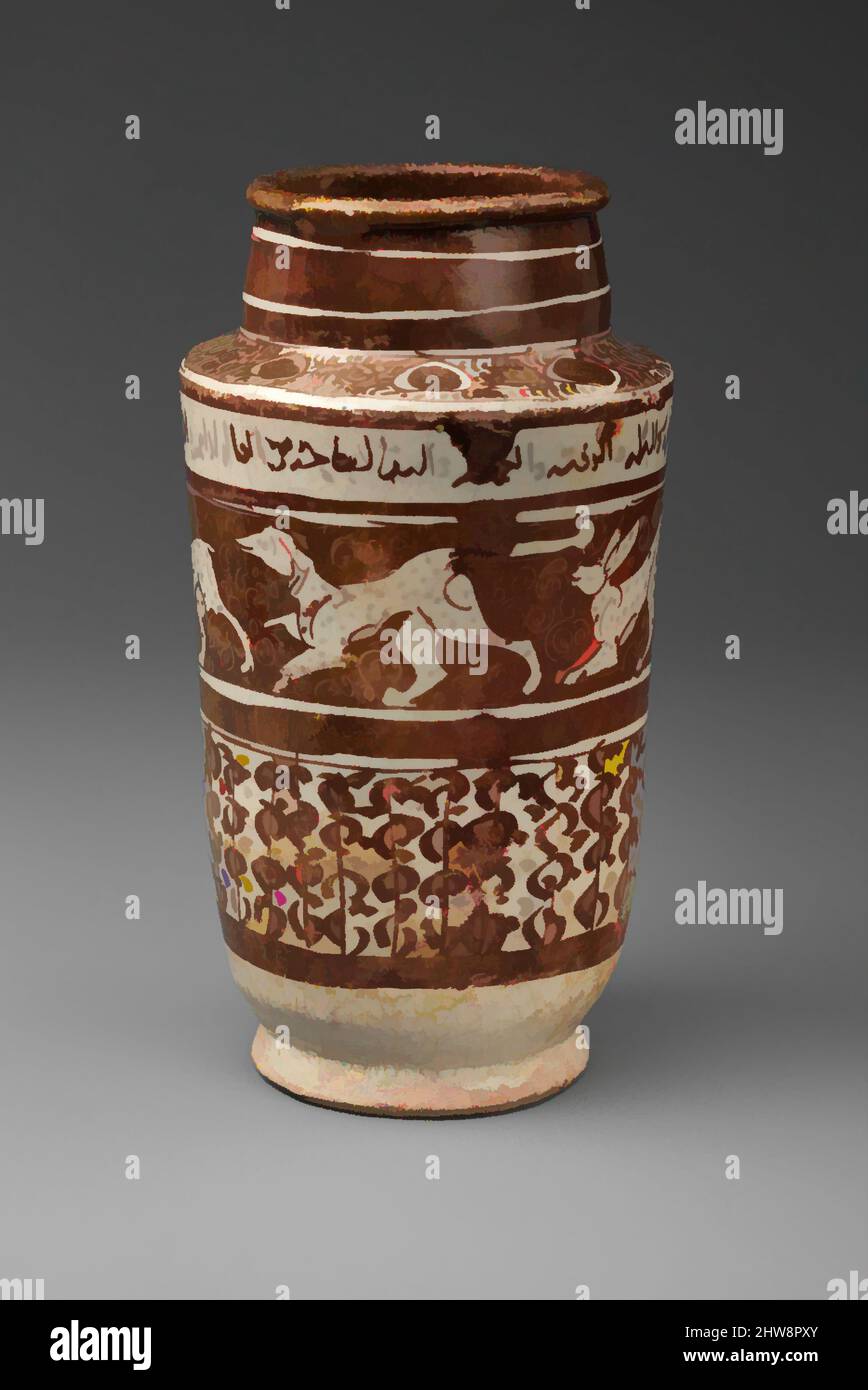 Art inspiré par le pot Apothecary avec des lièvres et un chien, 12th siècle, pays d'origine Iran, Stonepaste; peint en lustre sur un vernis blanc opaque, H. 7 1/4 po. (18,4 cm), céramique, ce pot a été utilisé pour stocker des substances solides (herbes séchées, racines, écorce, graines, et fruits, Ou sels, œuvres classiques modernisées par Artotop avec une touche de modernité. Formes, couleur et valeur, impact visuel accrocheur sur l'art émotions par la liberté d'œuvres d'art d'une manière contemporaine. Un message intemporel qui cherche une nouvelle direction créative. Artistes qui se tournent vers le support numérique et créent le NFT Artotop Banque D'Images