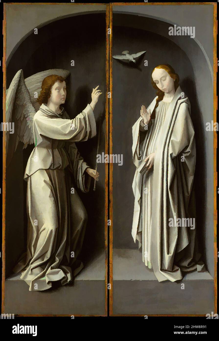 Art inspiré par l'Archange Gabriel; la Vierge Annunciate, ca. 1510, huile sur panneau en chêne, aile gauche : 34 1/2 x 11 5/8 po. (87,7 x 29,5 cm), surface peinte 34 x 11 po (86,4 x 27,9 cm); aile droite : 34 1/2 x 11 3/4 po. (87,6 x 30 cm), surface peinte 34 x 11 1/8 po (86,4 x 28,3 cm, œuvres classiques modernisées par Artotop avec une touche de modernité. Formes, couleur et valeur, impact visuel accrocheur sur l'art émotions par la liberté d'œuvres d'art d'une manière contemporaine. Un message intemporel qui cherche une nouvelle direction créative. Artistes qui se tournent vers le support numérique et créent le NFT Artotop Banque D'Images