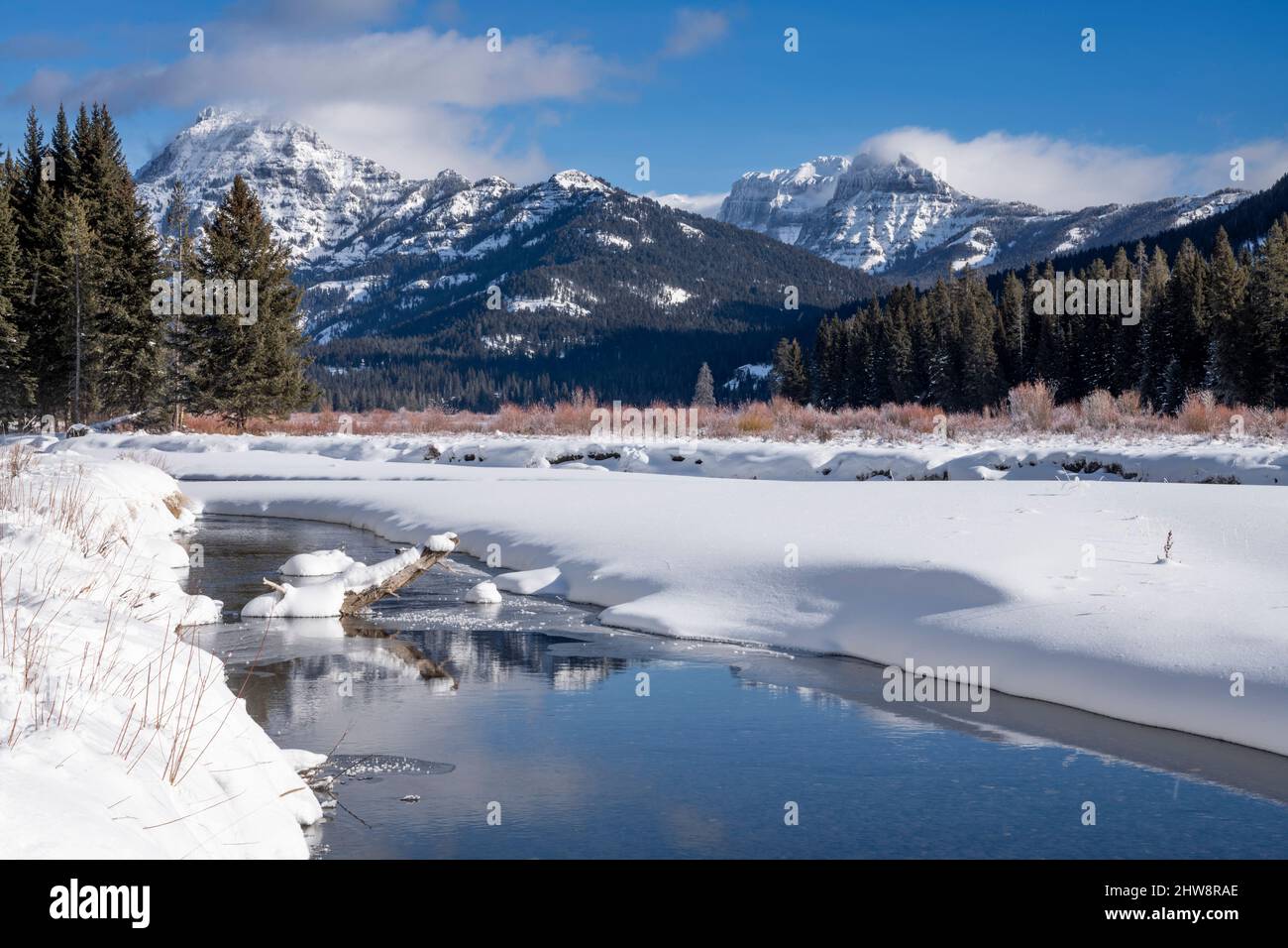 Parc national de Yellowstone ; hiver ; neige ; paysage ; coucher de soleil Banque D'Images
