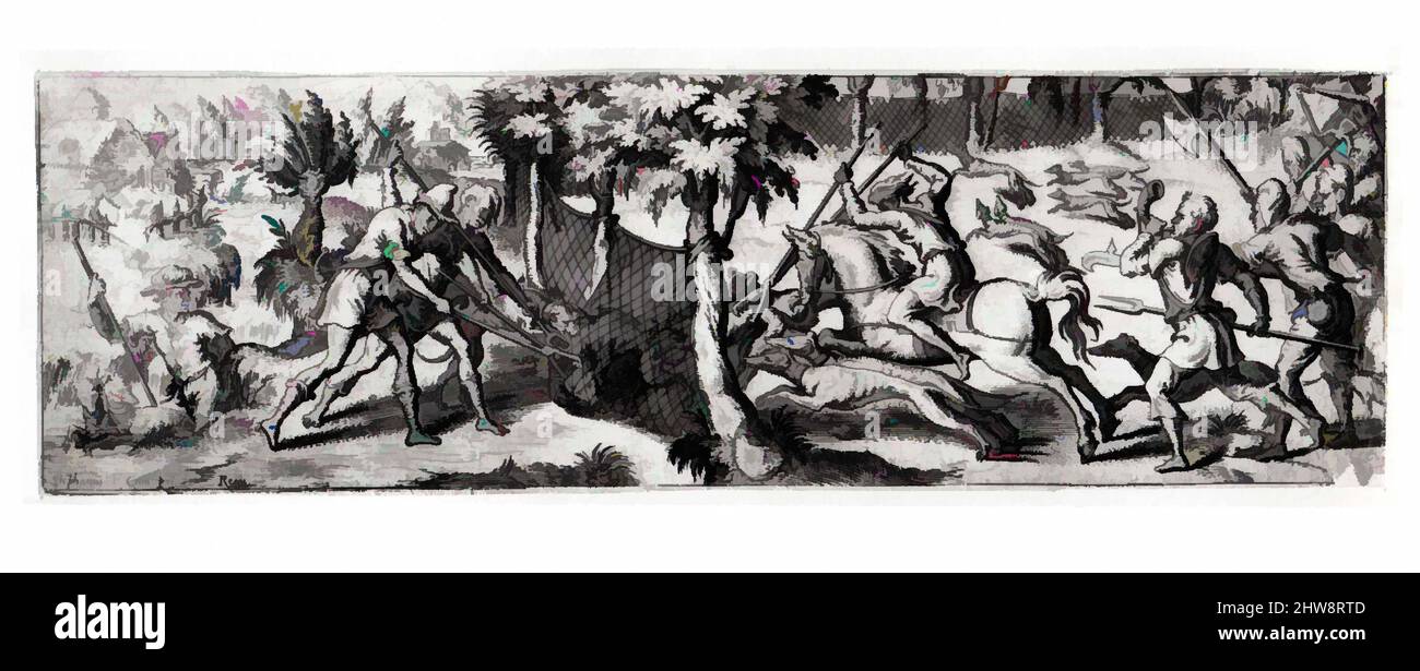 Art inspiré par la chasse au loup, deuxième moitié du 16th siècle, stylo et encre noire, gris foncé et marron gris, et (entre les lignes de plume du cadre illusionniste) pinceau et encre grise, sur vélin., 2 3/4 x 8 11/16 po. (7,0 x 22,1 cm), dessins, Étienne Delaune (français, Orléans 1518/19–1583, oeuvres classiques modernisées par Artotop avec une touche de modernité. Formes, couleur et valeur, impact visuel accrocheur sur l'art émotions par la liberté d'œuvres d'art d'une manière contemporaine. Un message intemporel qui cherche une nouvelle direction créative. Artistes qui se tournent vers le support numérique et créent le NFT Artotop Banque D'Images
