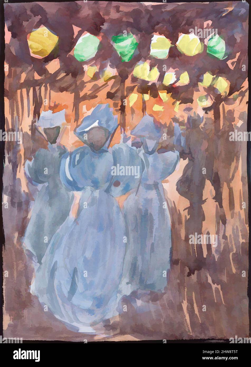 Art inspiré par le grand Boston public Garden Carnet d'esquisses : scène de nuit avec trois femmes en bleu, 1895–97, Recto : aquarelle sur crayon, bordée de crayon et d'aquarelle, 14 1/8 x 11 3/16 po. (35,8 x 28,4 cm), dessins, Maurice Brazil Prendergast (américain, St. John’s, Terre-Neuve 1858–, œuvres classiques modernisées par Artotop avec une touche de modernité. Formes, couleur et valeur, impact visuel accrocheur sur l'art émotions par la liberté d'œuvres d'art d'une manière contemporaine. Un message intemporel qui cherche une nouvelle direction créative. Artistes qui se tournent vers le support numérique et créent le NFT Artotop Banque D'Images